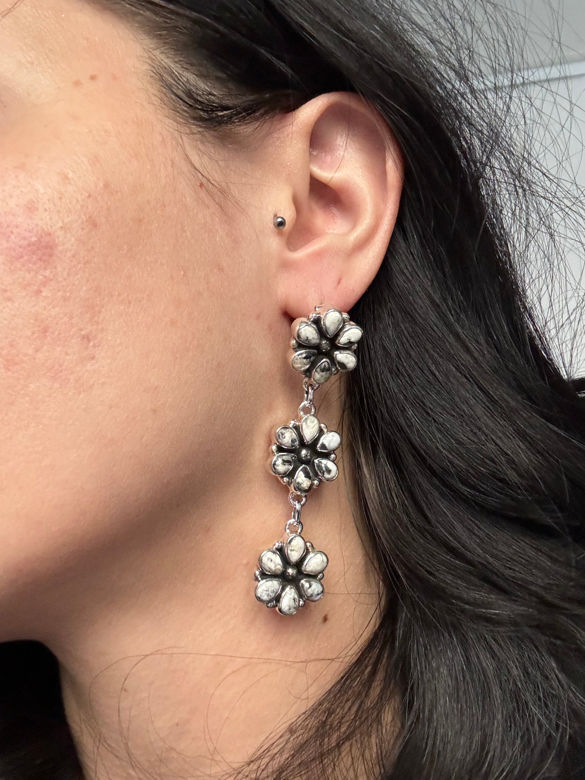 Southwest Handmade White Buffalo & Sterling Silver Post Dangle Cluster Earrings