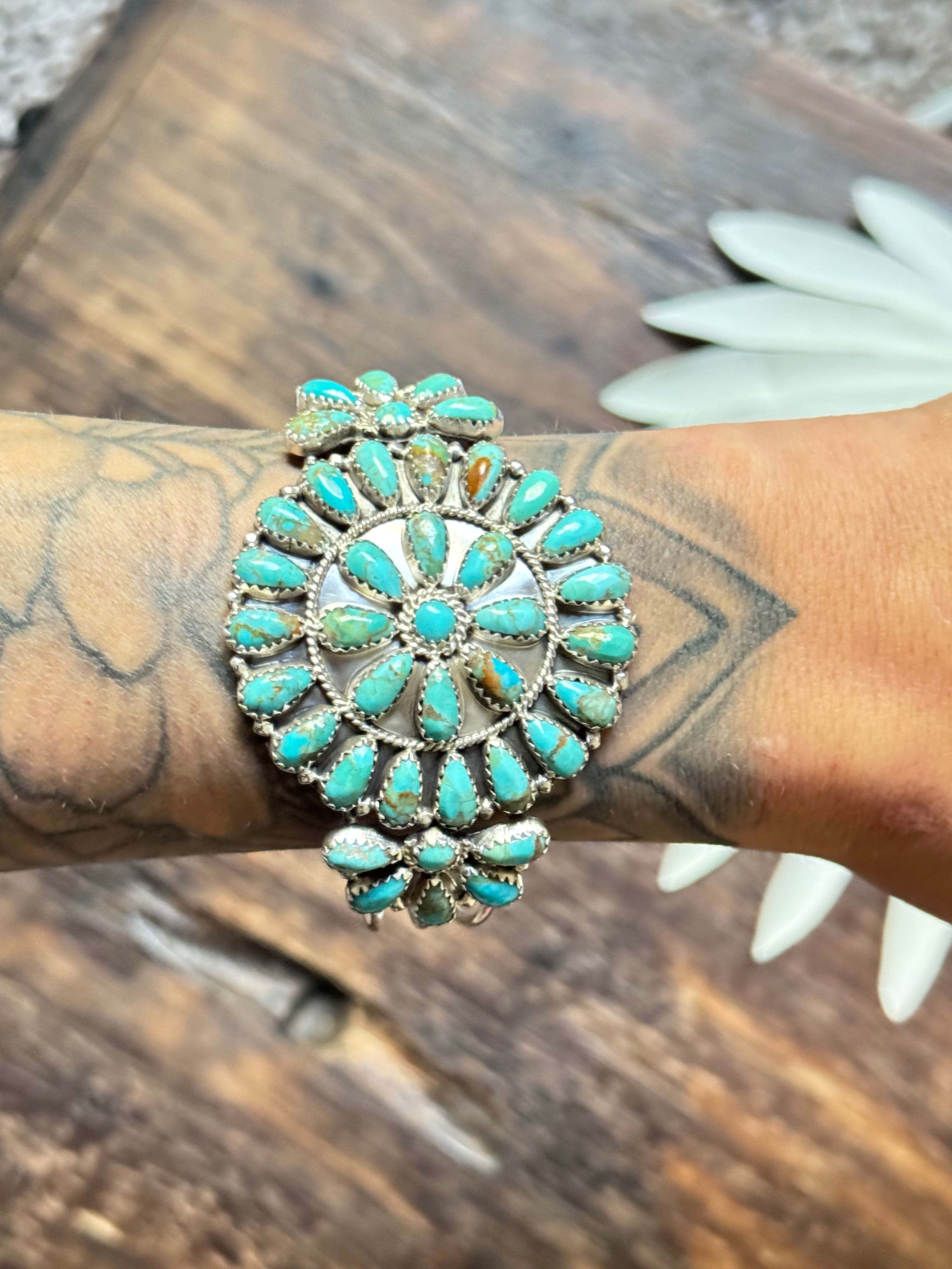 Navajo Made Kingman Turquoise & Sterling Silver Cluster Cuff Bracelet