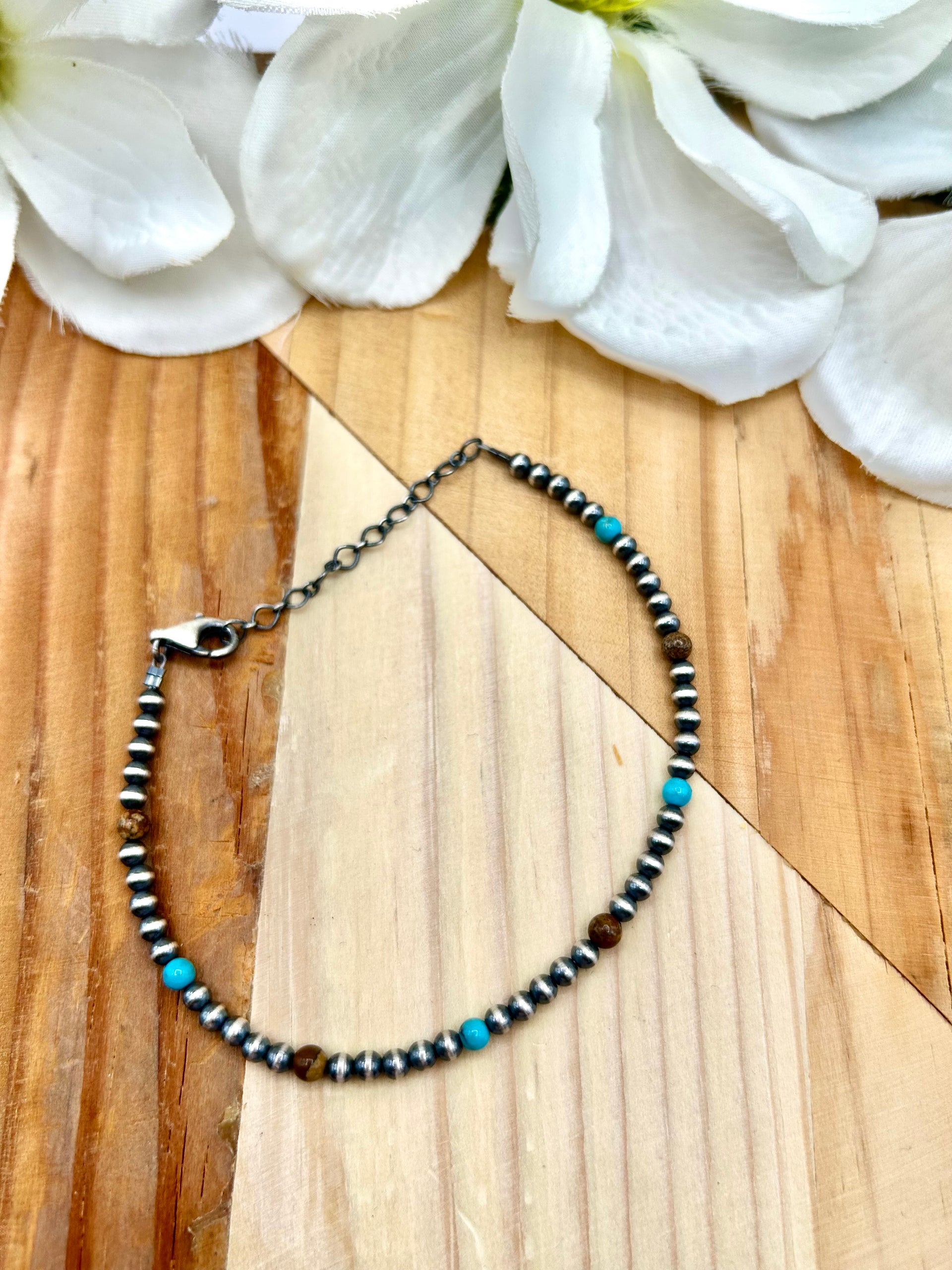 Navajo Made Multi Stone & Sterling Silver Strung Anklet