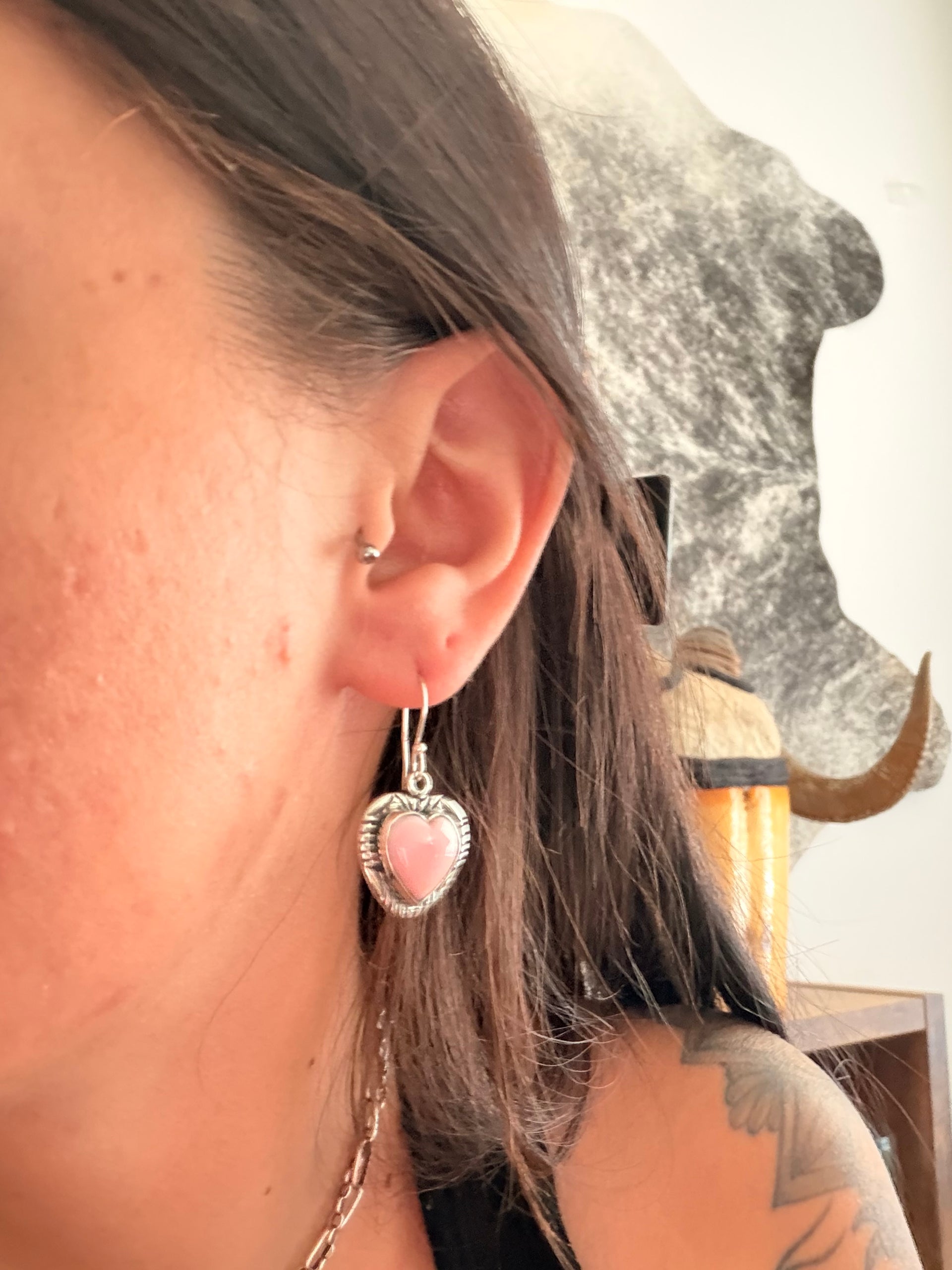 Navajo Made Pink Conch & Sterling Silver Dangle Heart Earrings