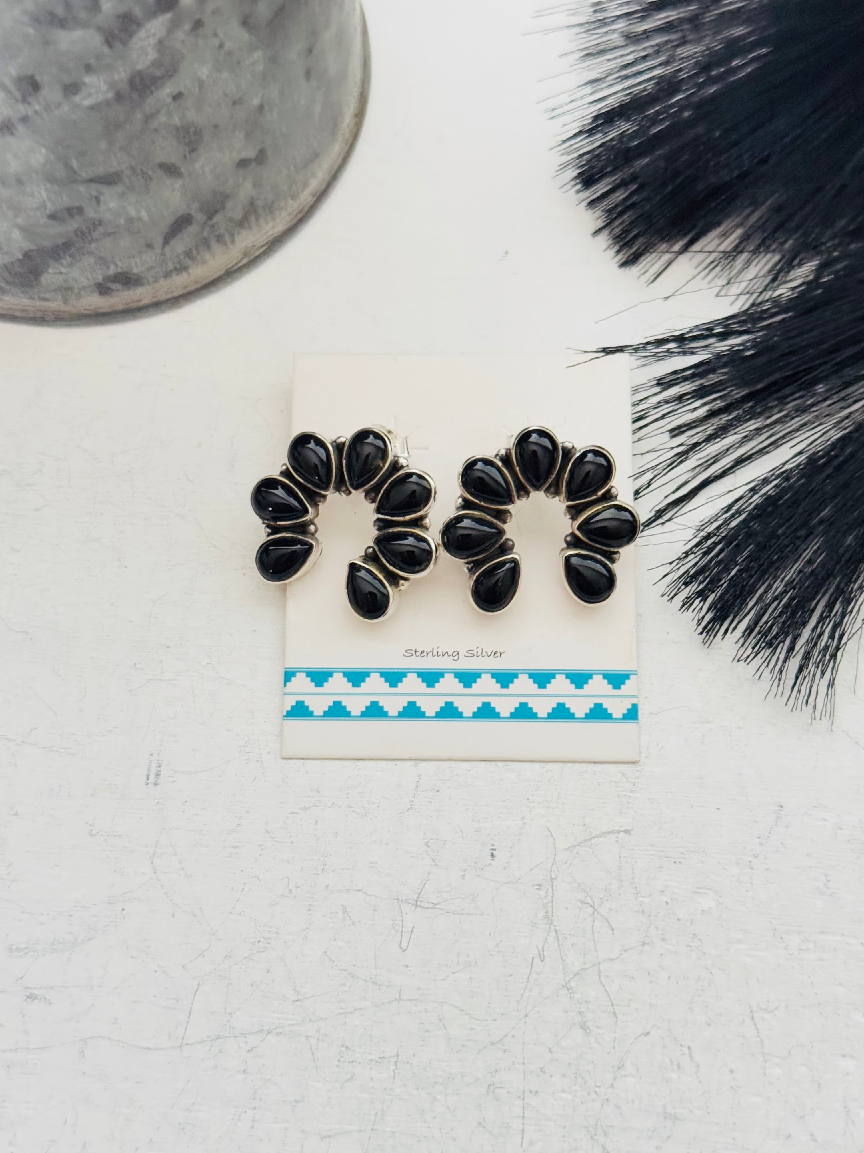 Southwest Handmade Onyx & Sterling Silver Post Naja Cluster Earrings