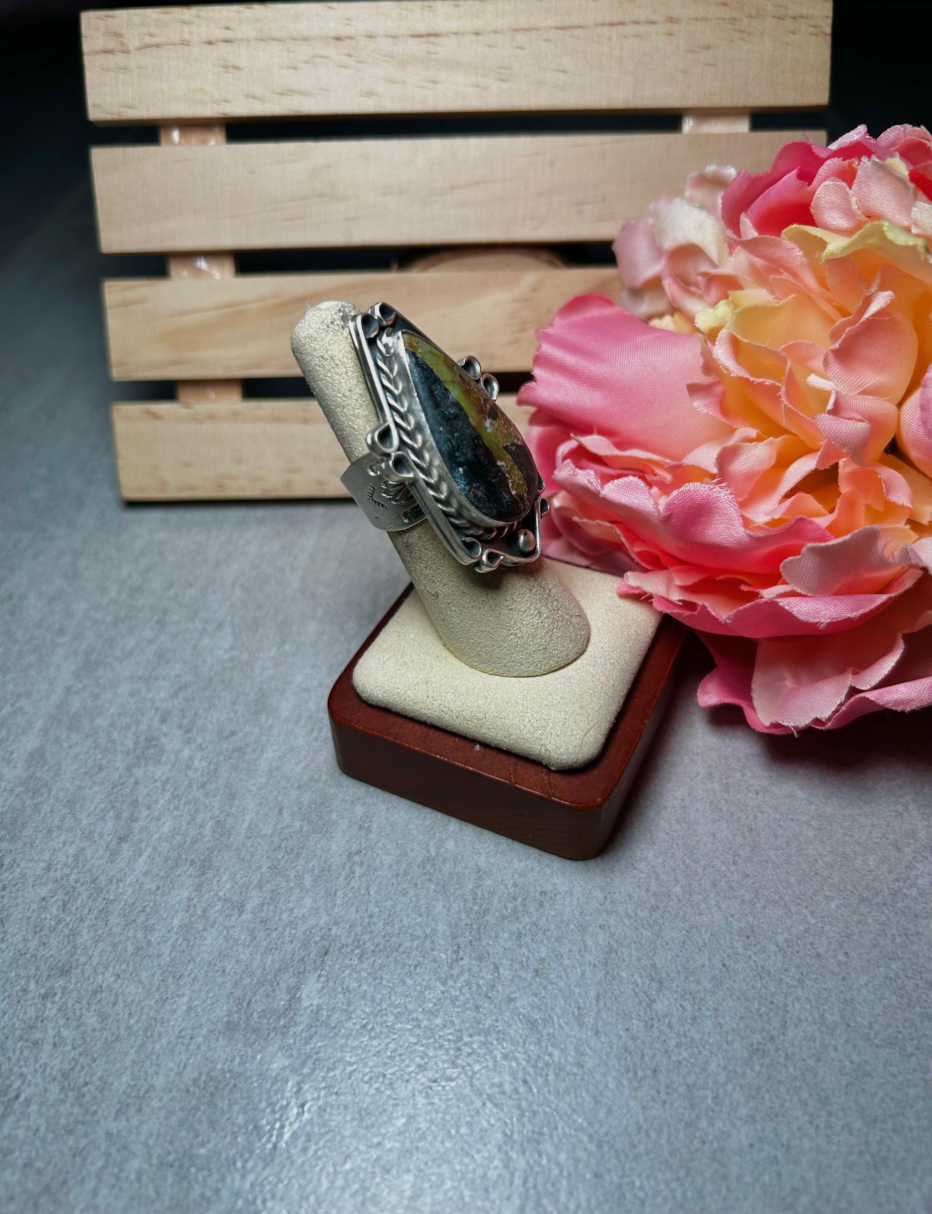 Navajo Made Black Jack Turquoise & Sterling Silver Adjustable Ring