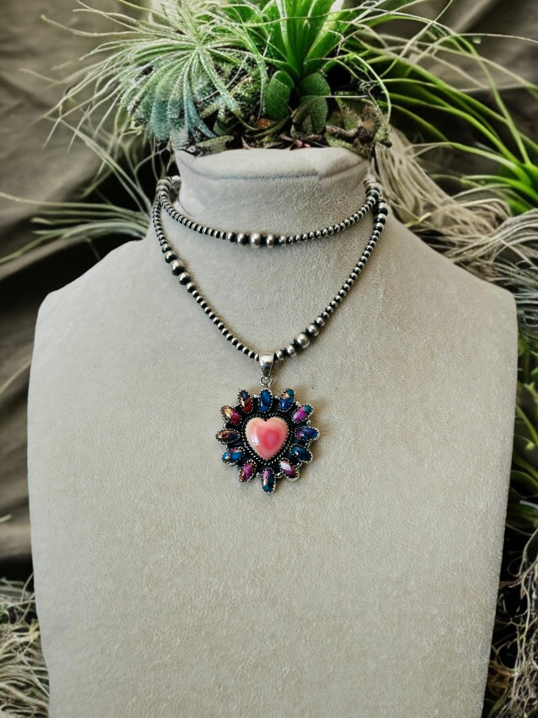 Southwest Handmade Multi Stone & Sterling Silver Cluster Heart Pendant