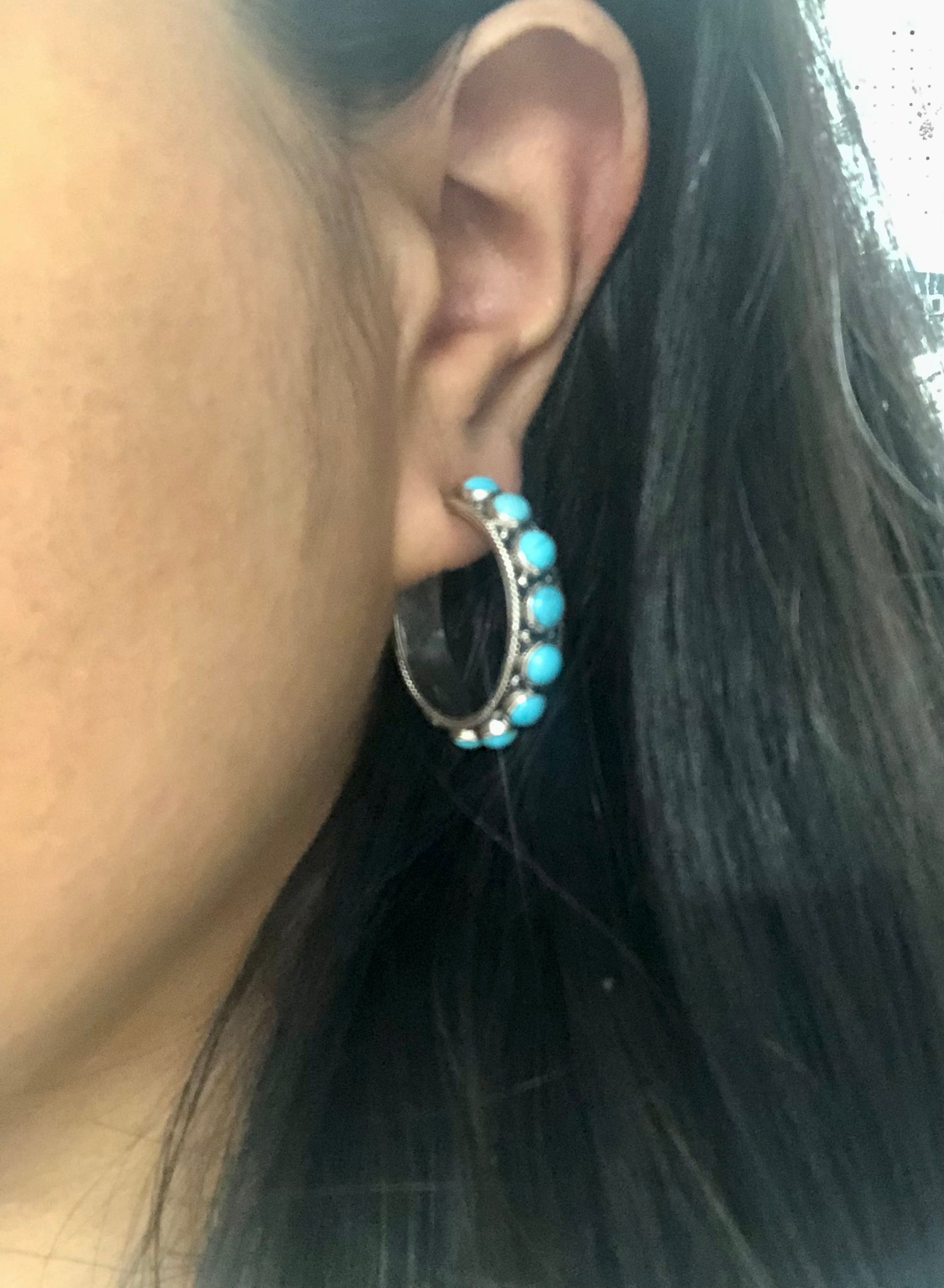 Navajo Made Sleeping Beauty Turquoise & Sterling Silver Hoop Earrings