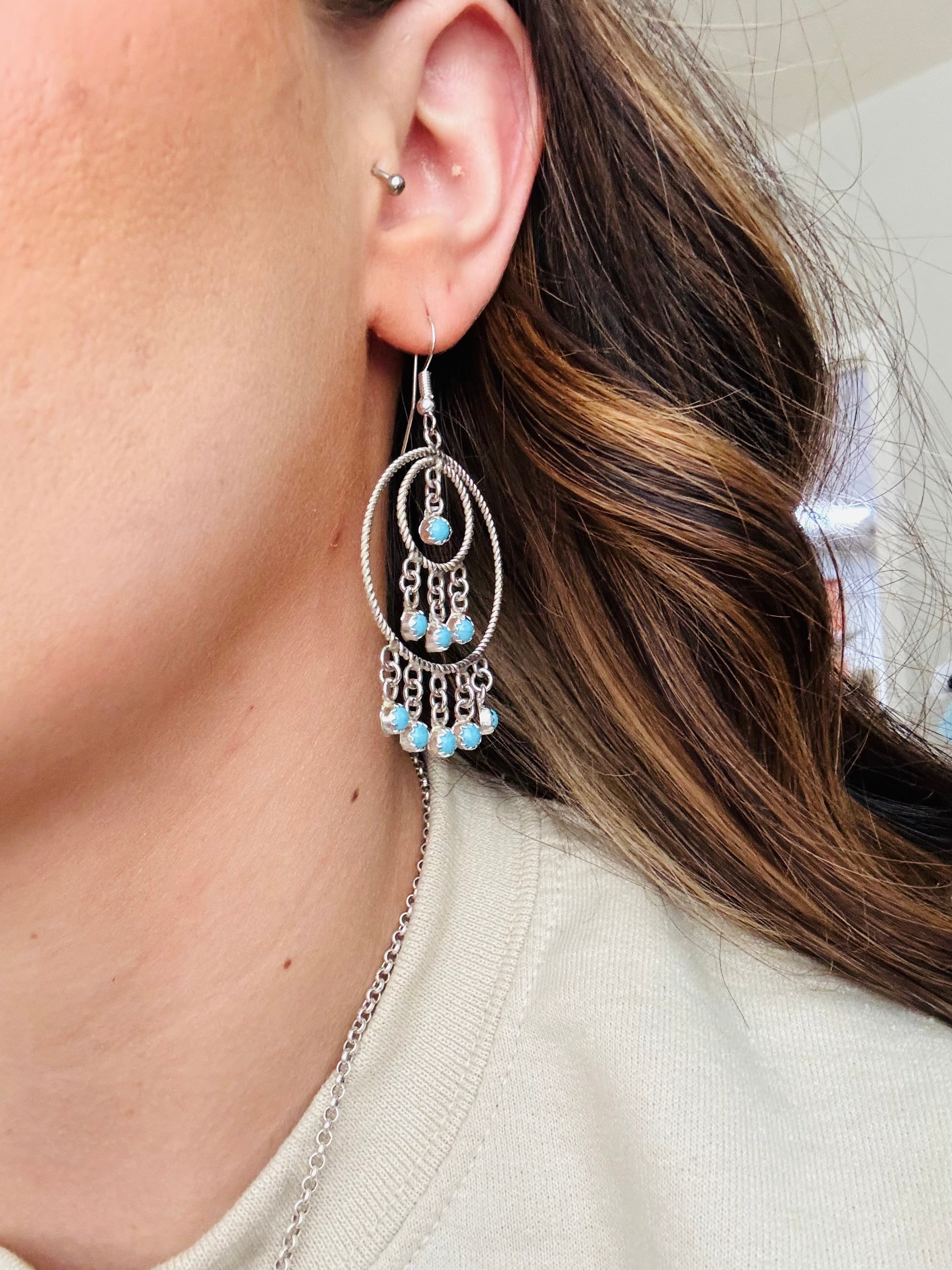 Navajo Made Kingman Turquoise & Sterling Silver Dangle Earrings