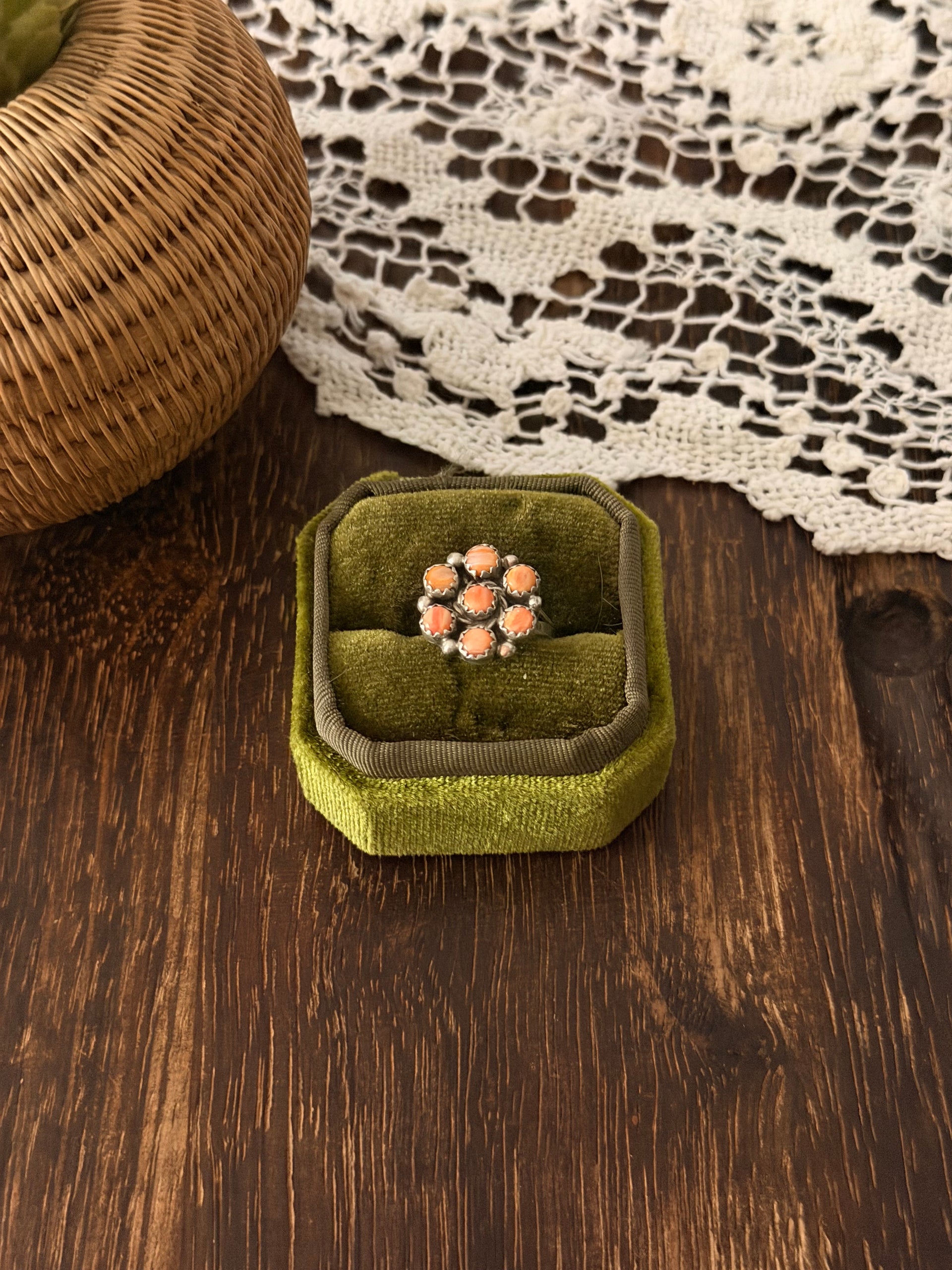 Navajo Made Spiny Oyster & Sterling Silver Cluster Ring