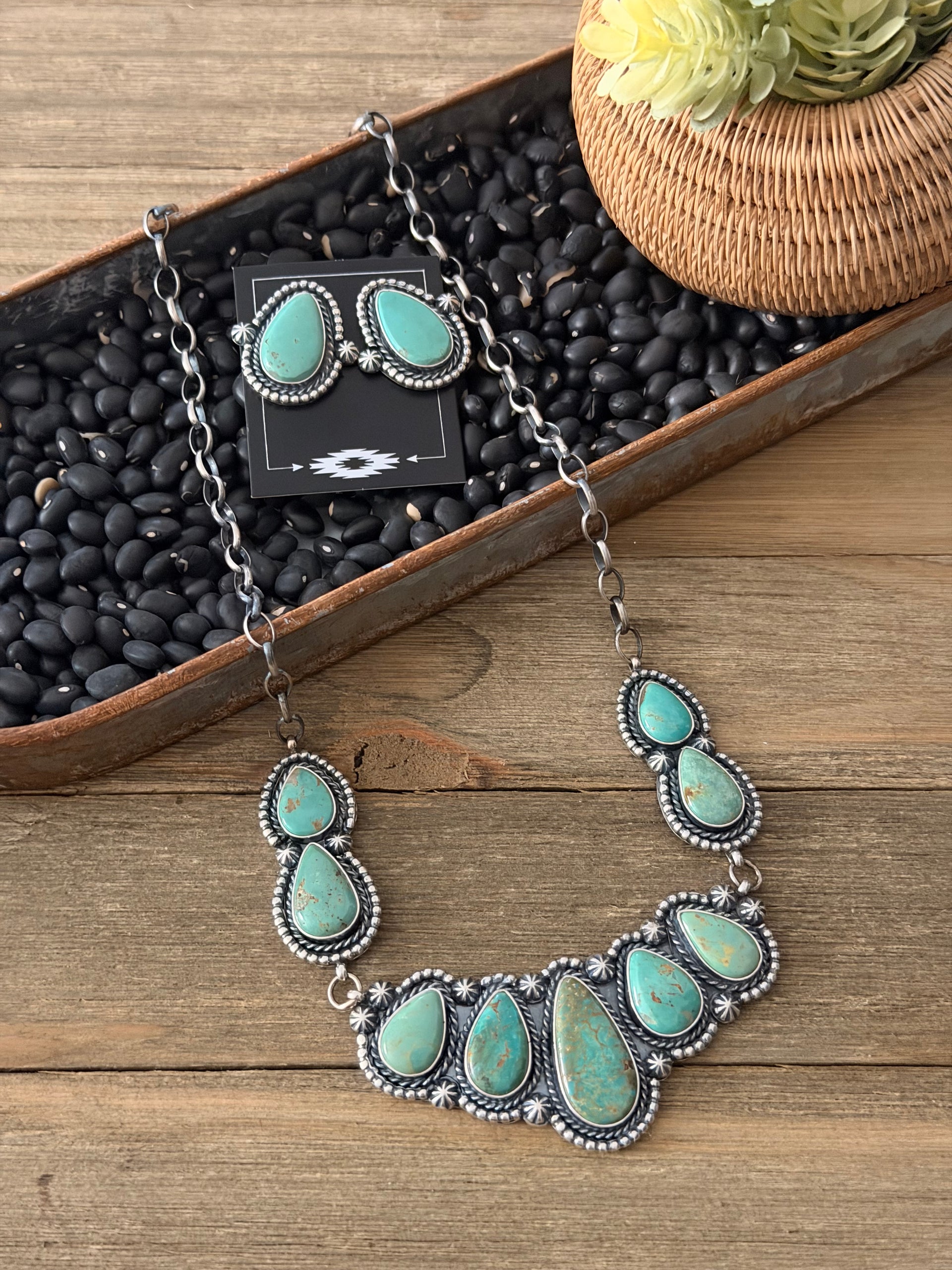 Fred Francis Kingman Turquoise  & Sterling Silver Bar Cluster Necklace Set