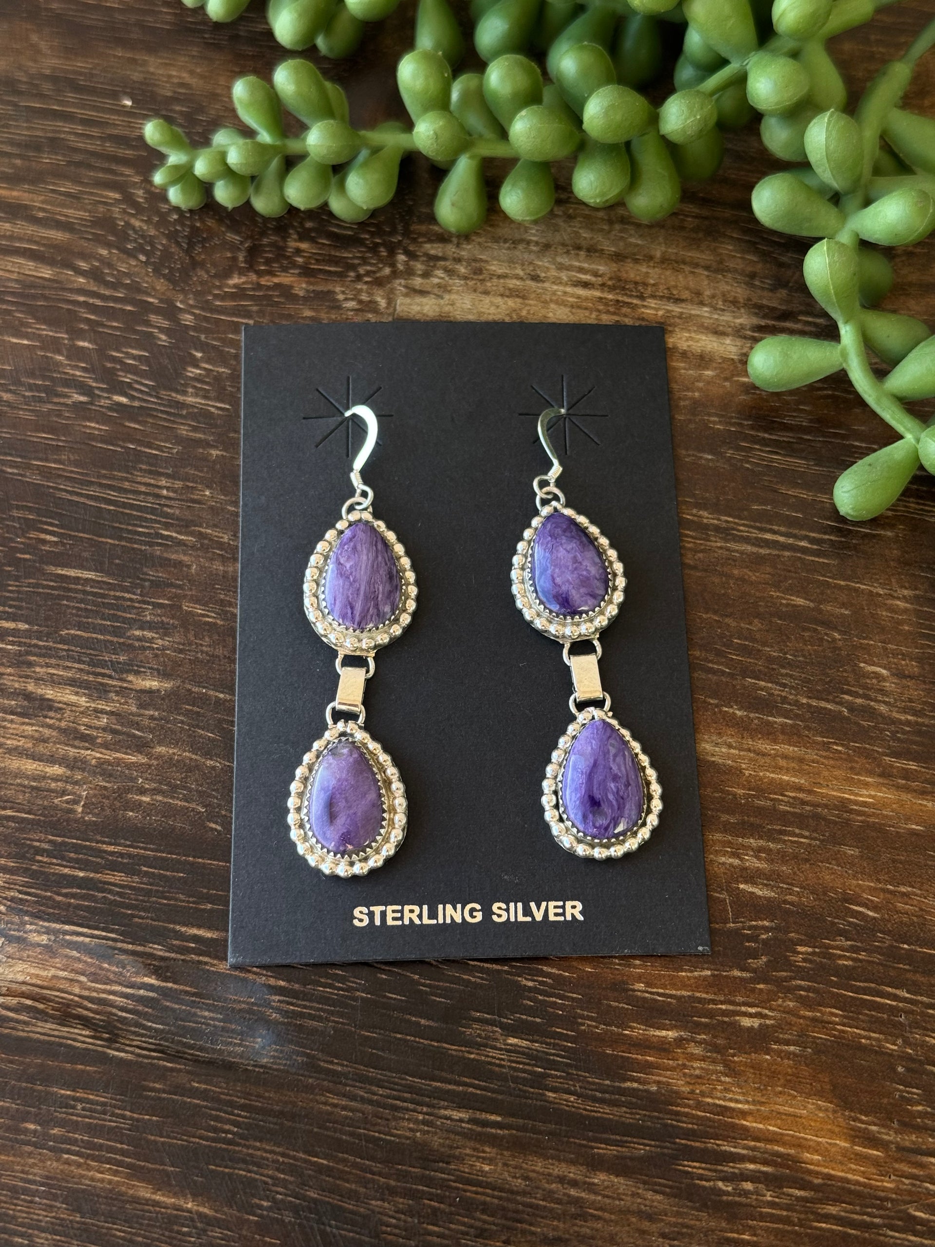Navajo Charoite & Sterling Silver Dangle Earrings