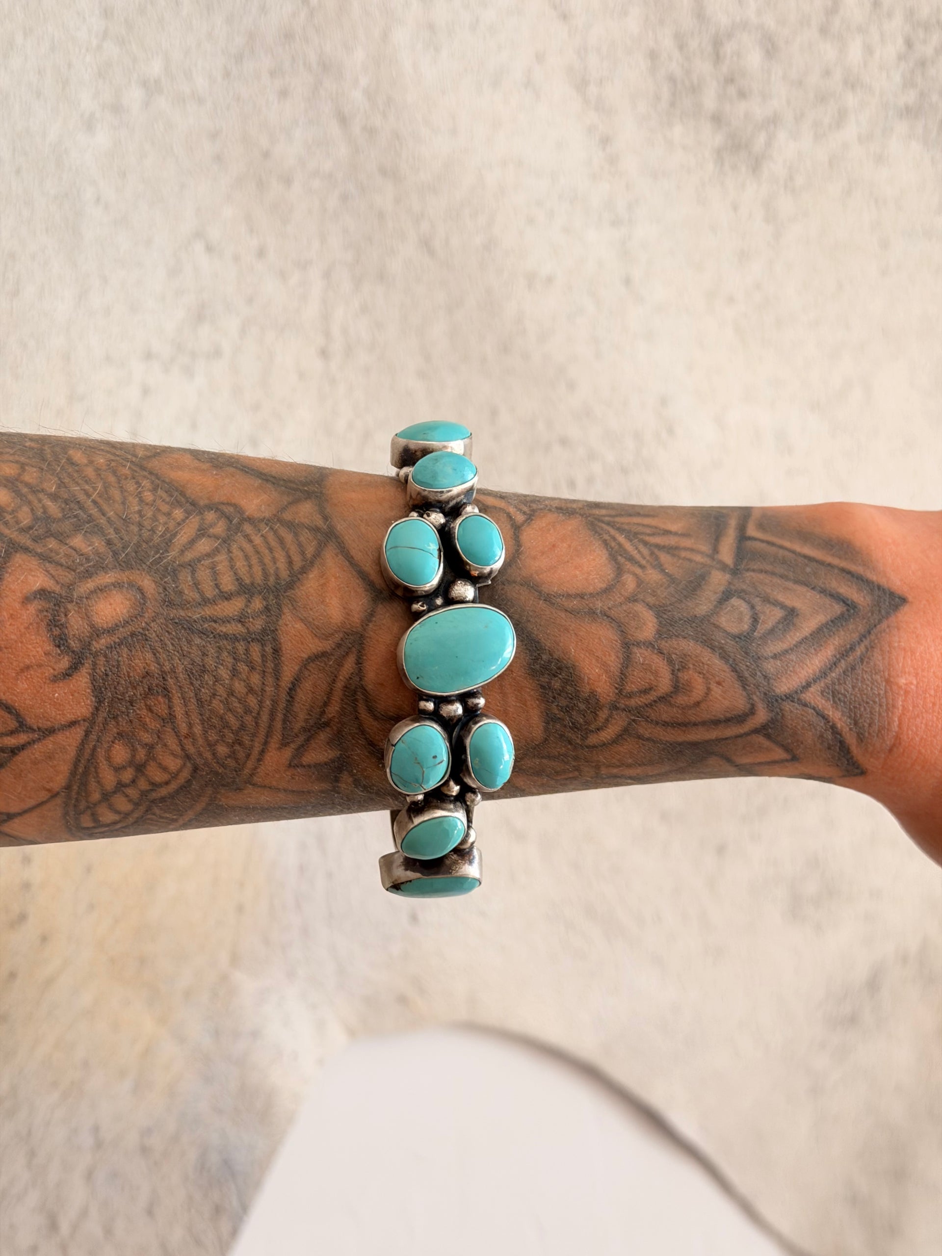 Bobby Johnson Kingman Turquoise & Sterling Silver Cluster Cuff Bracelet