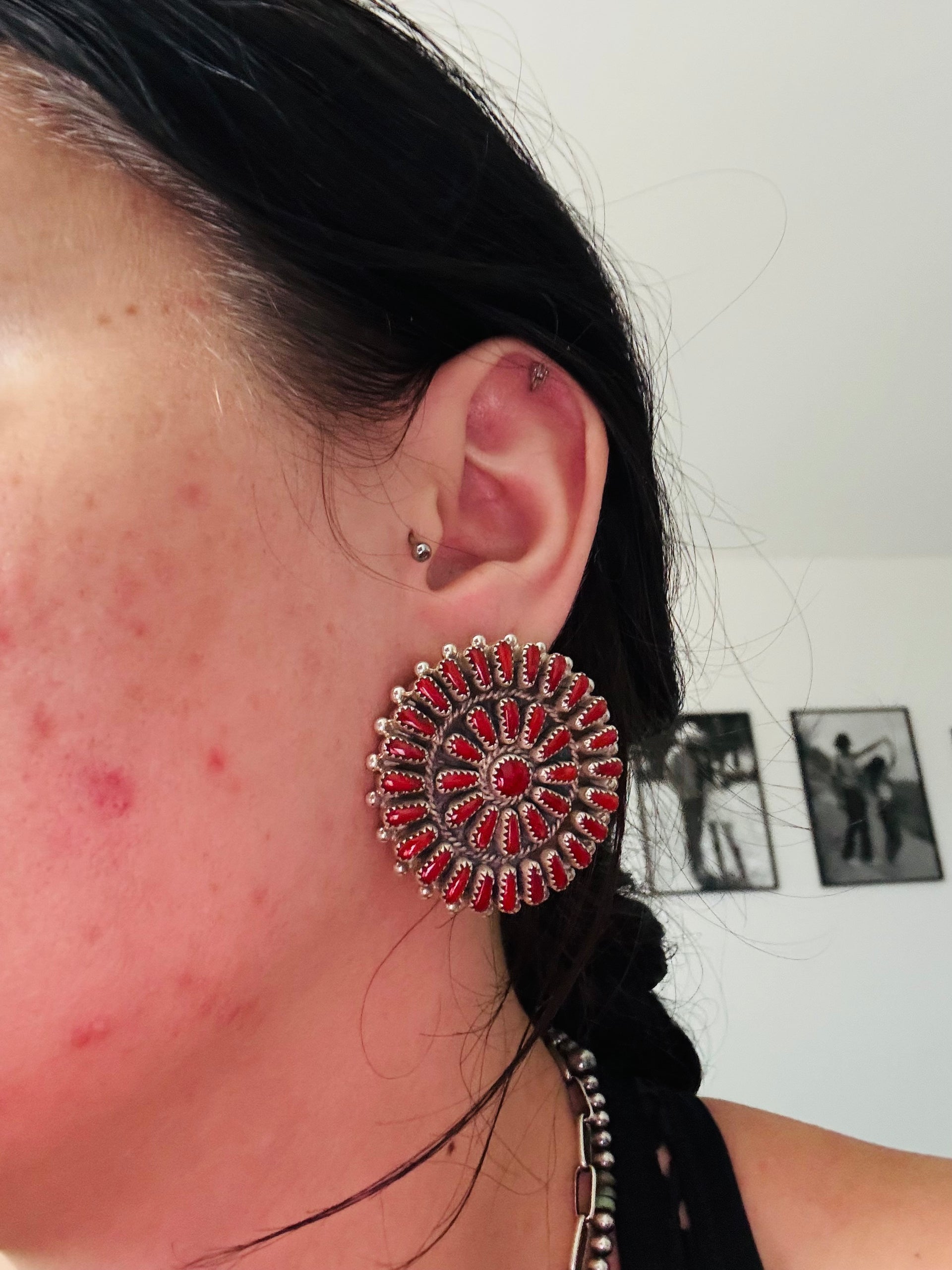 Zuni Made Coral & Sterling Silver Post Cluster Earrings