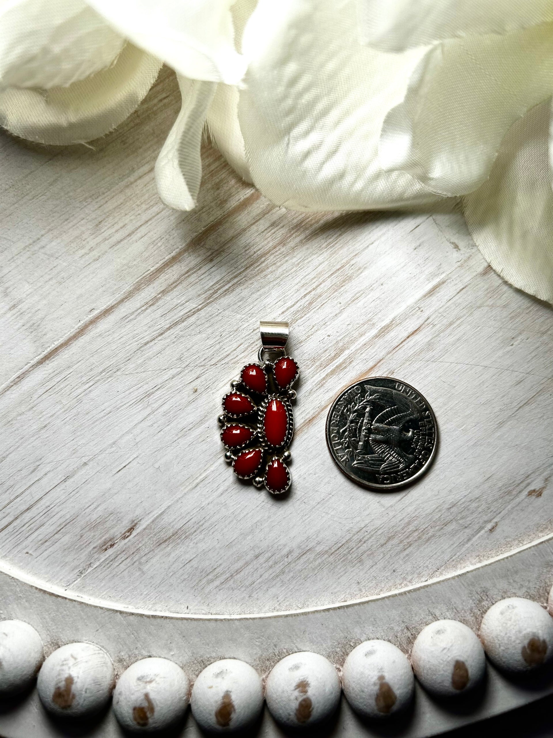 Navajo Made Natural Coral & Sterling Silver Pendant
