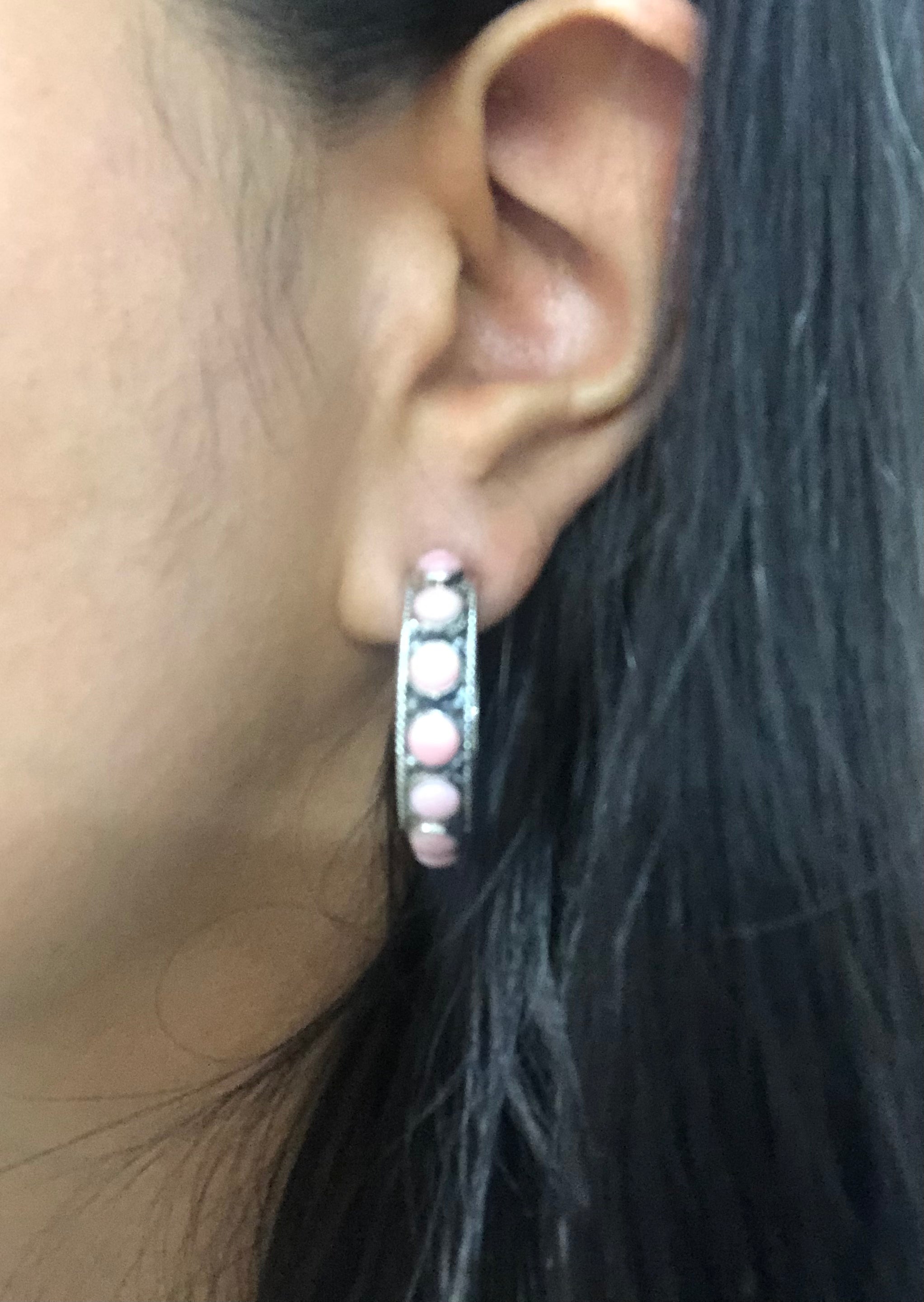 Navajo Made Pink Conch & Sterling Silver Hoop Earrings