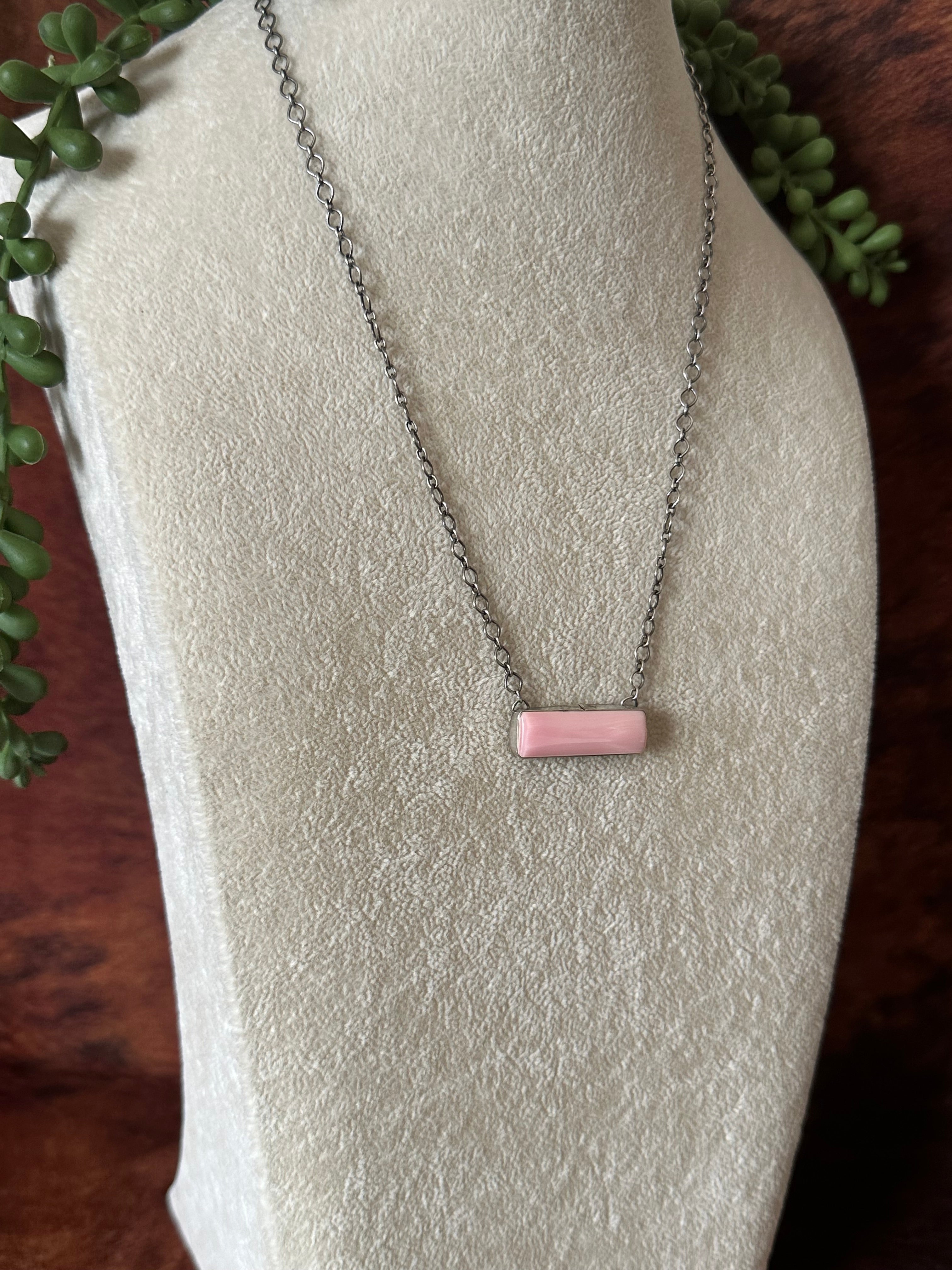 Navajo Made Pink Conch and Sterling Silver Bar Necklace