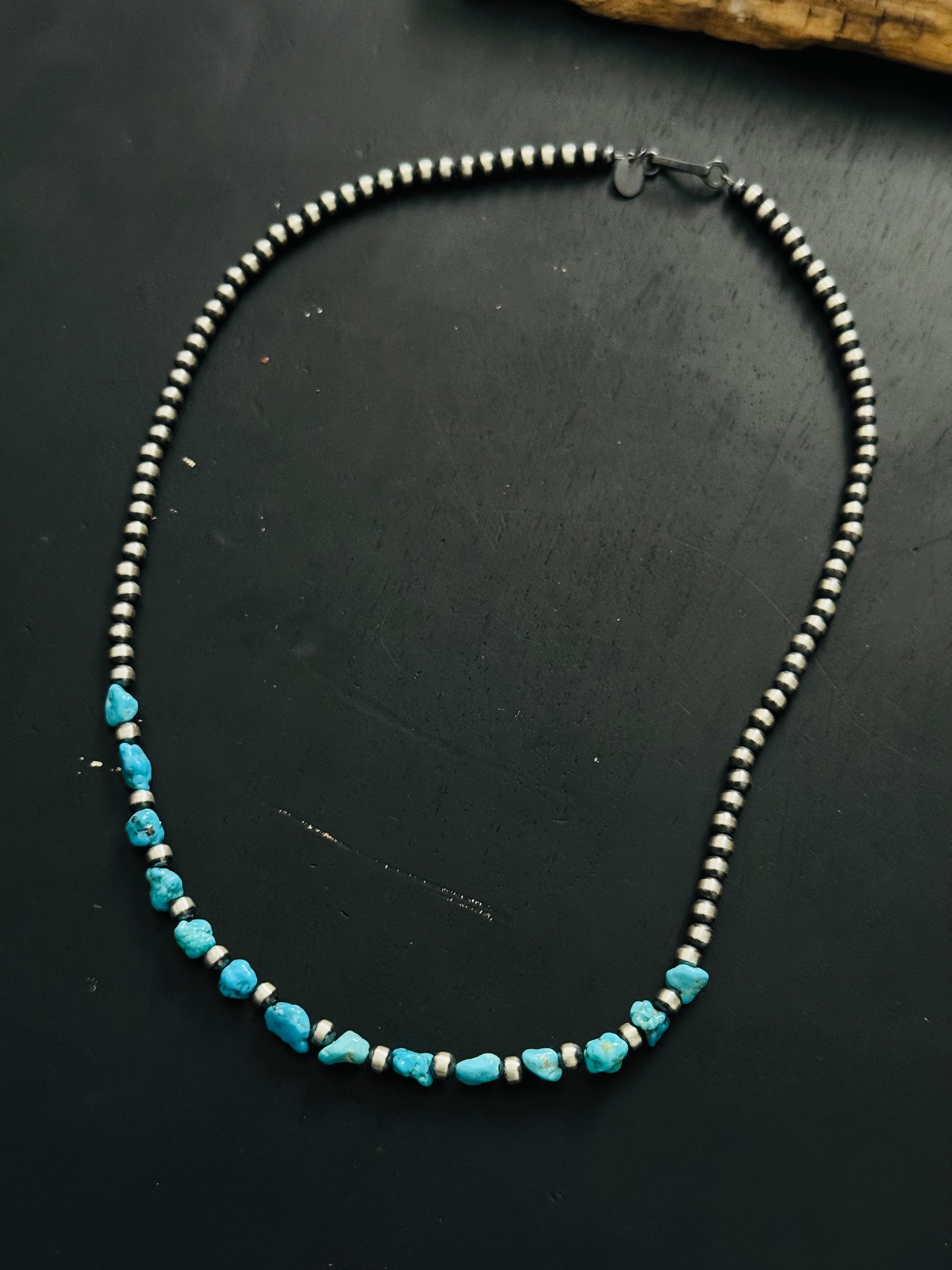Navajo Strung Kingman Turquoise & Sterling Silver Beaded Pearl Necklace