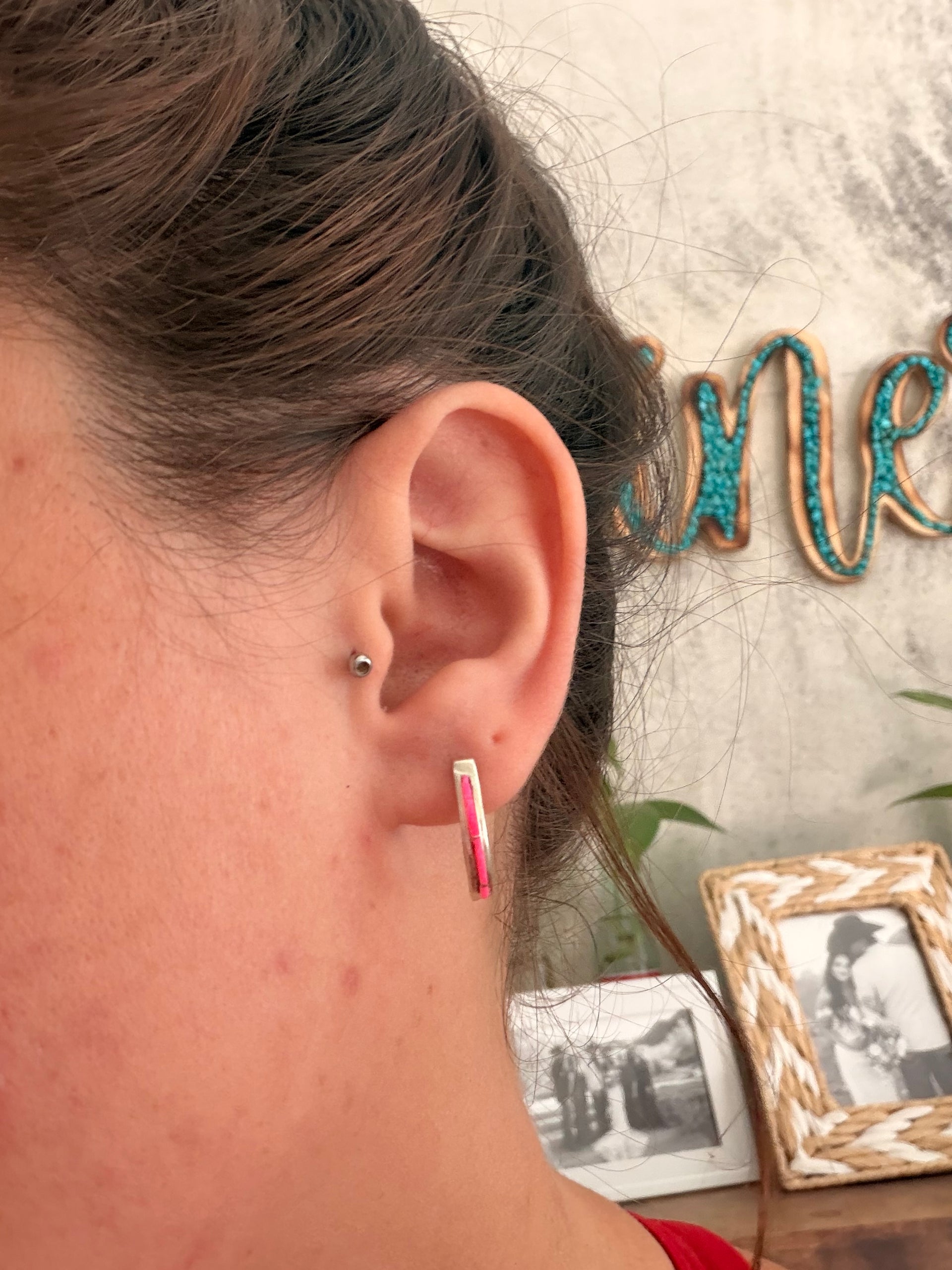 Zuni Made Pink Opal & Sterling Silver Post Hoop Earrings