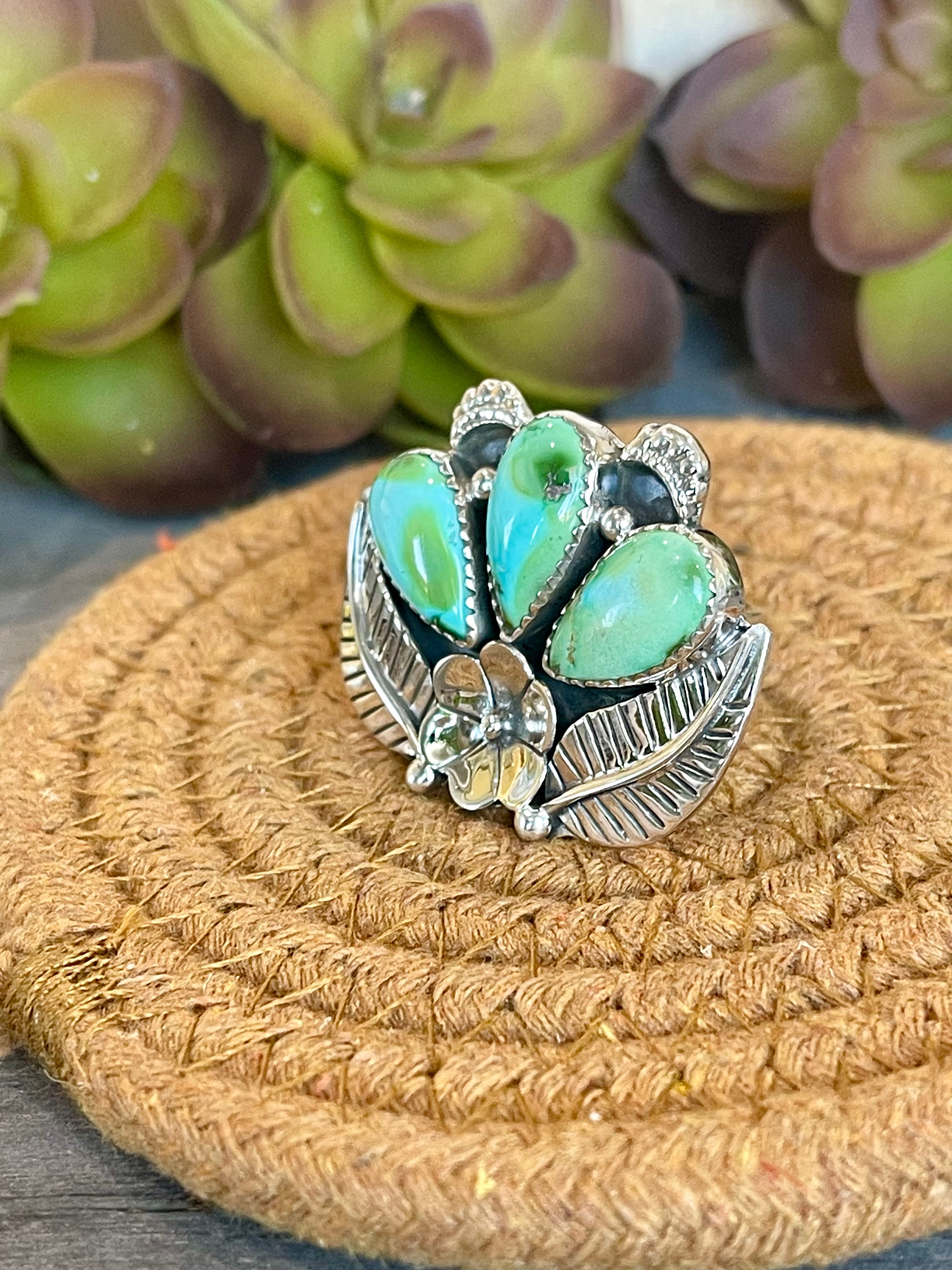 Southwest Handmade Sonoran Mountain Turquoise & Sterling Silver Adjustable Flower Ring