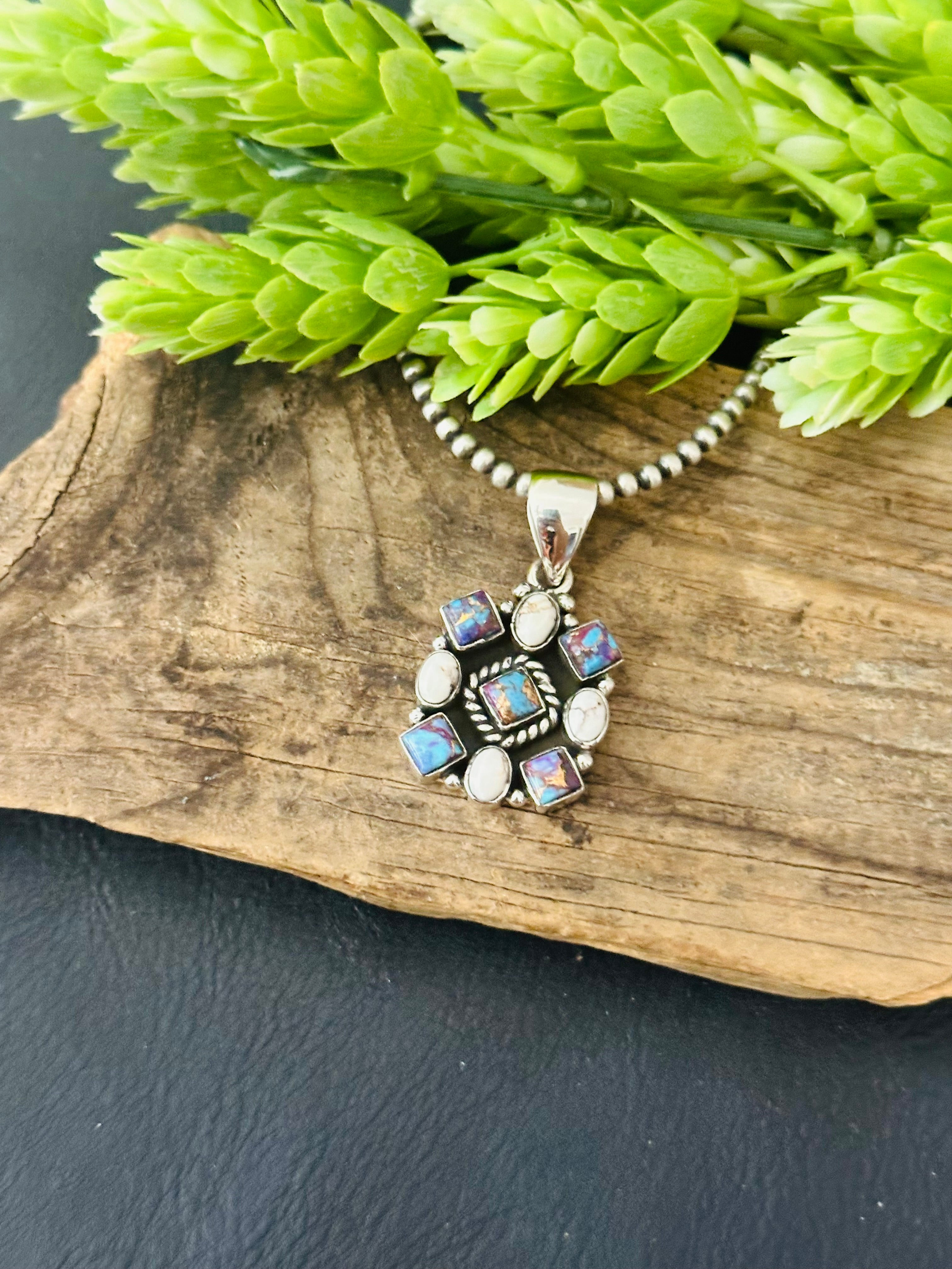 Southwest Handmade Multi Stone & Sterling Silver Cluster Pendant