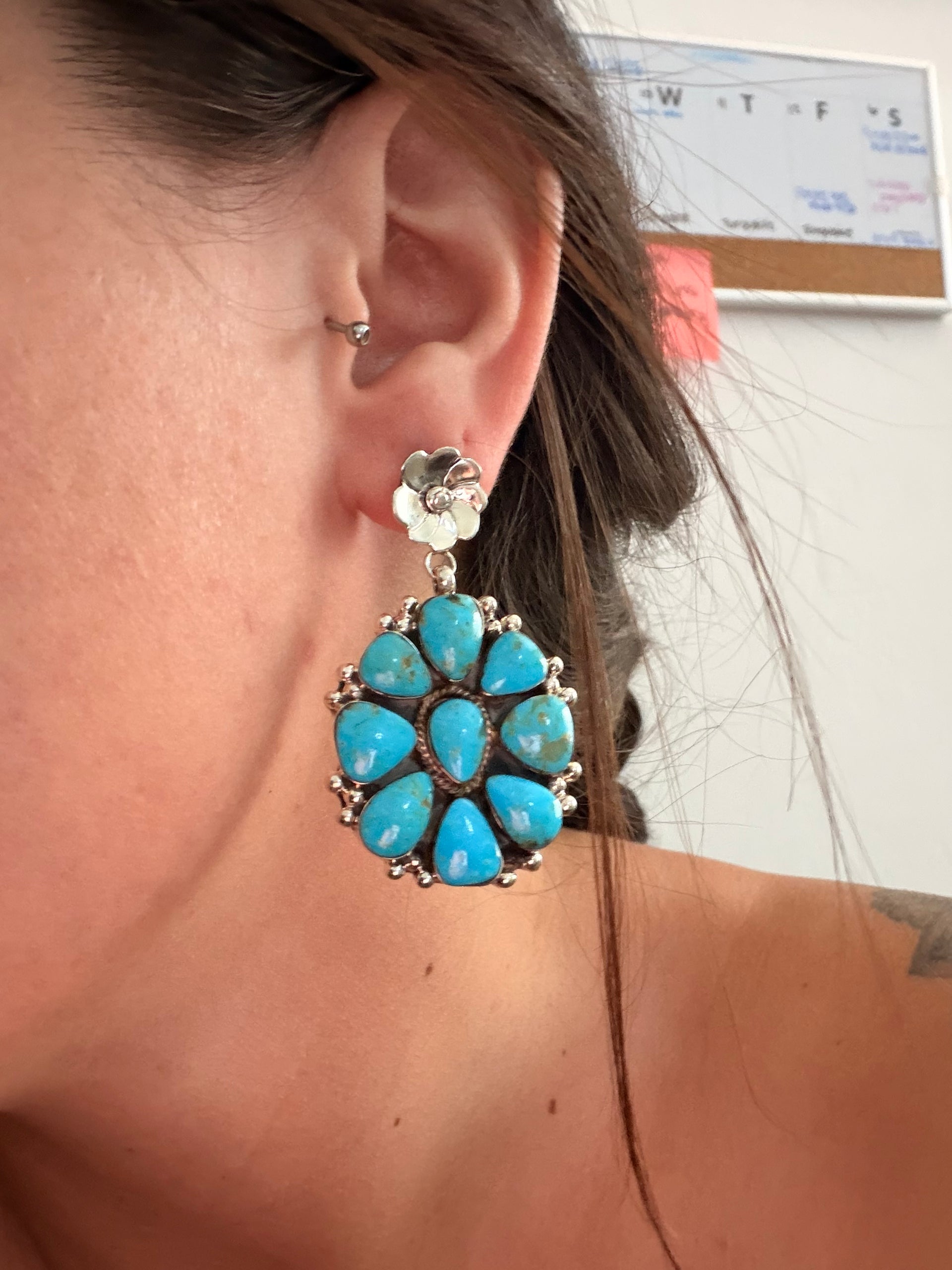 Navajo Made Kingman Turquoise & Sterling Silver Post Dangle Cluster Earrings
