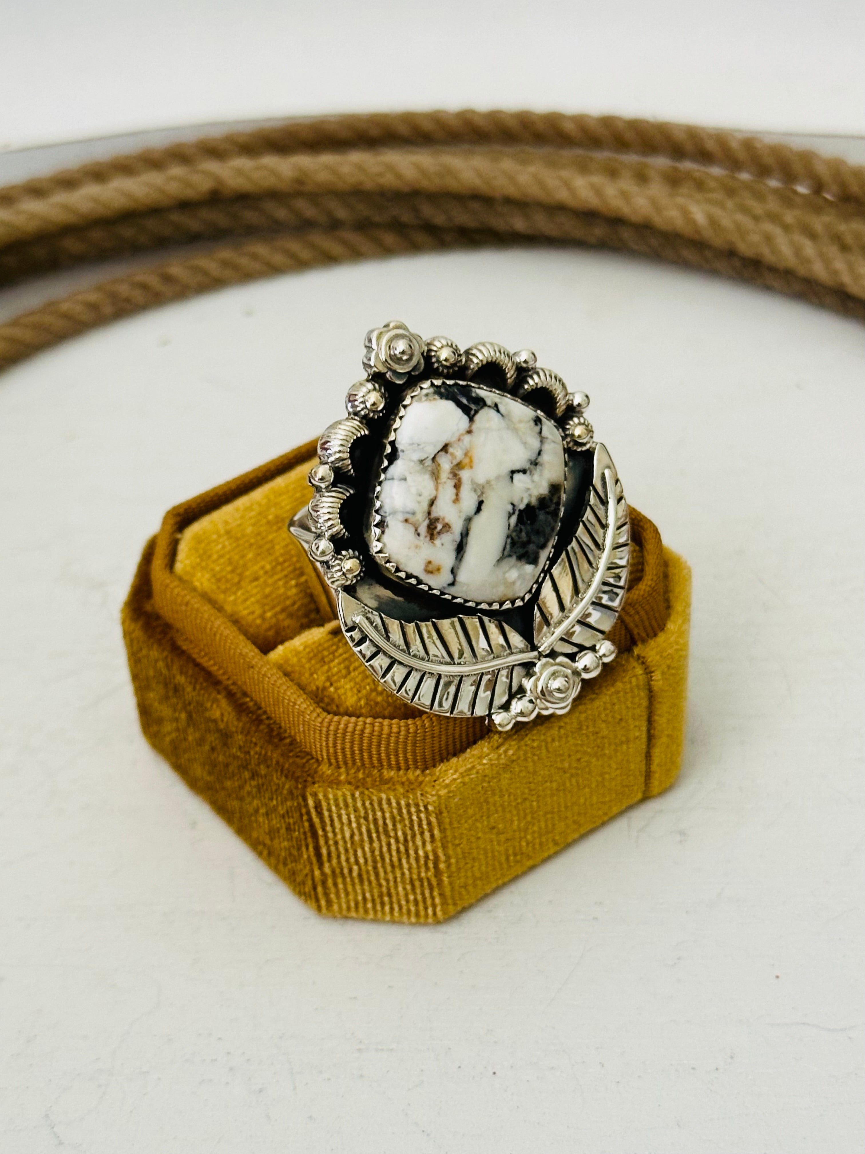 Southwest Handmade White Buffalo & Sterling Silver Adjustable Ring