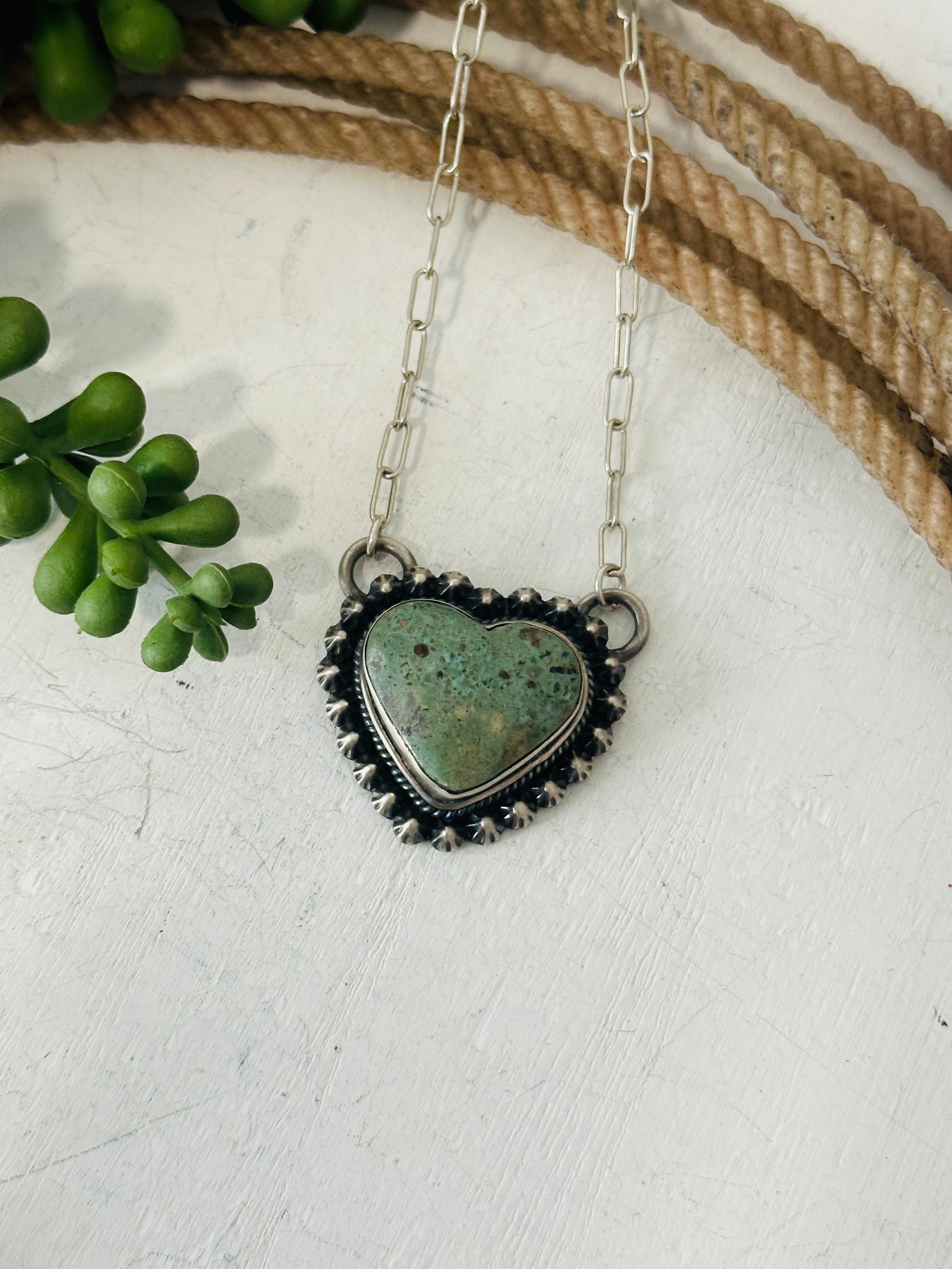 Navajo Made Kingman Turquoise & Sterling Silver Heart Necklace