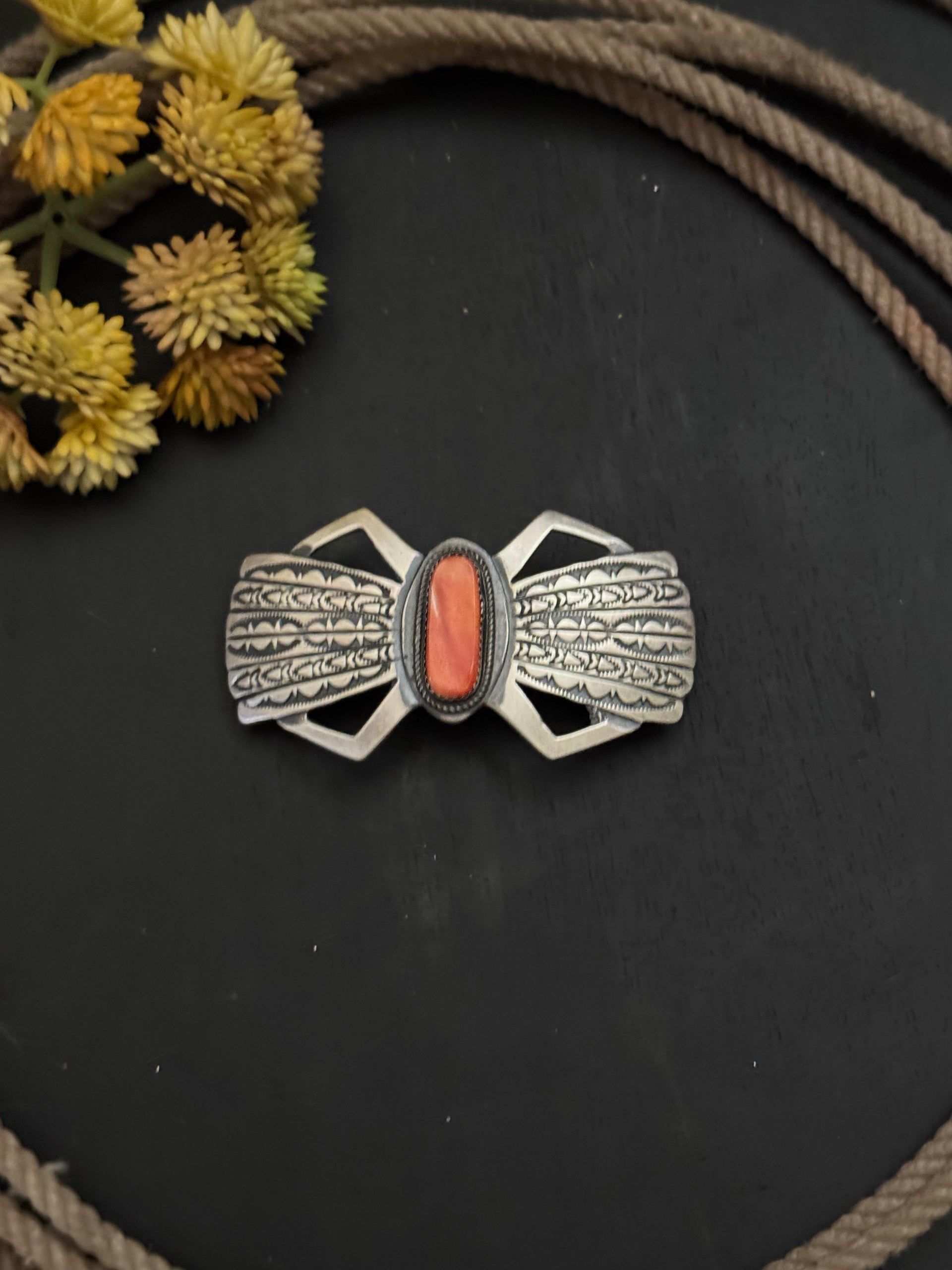 Navajo Made Red Spiny Oyster & Sterling Silver Hair Barrette