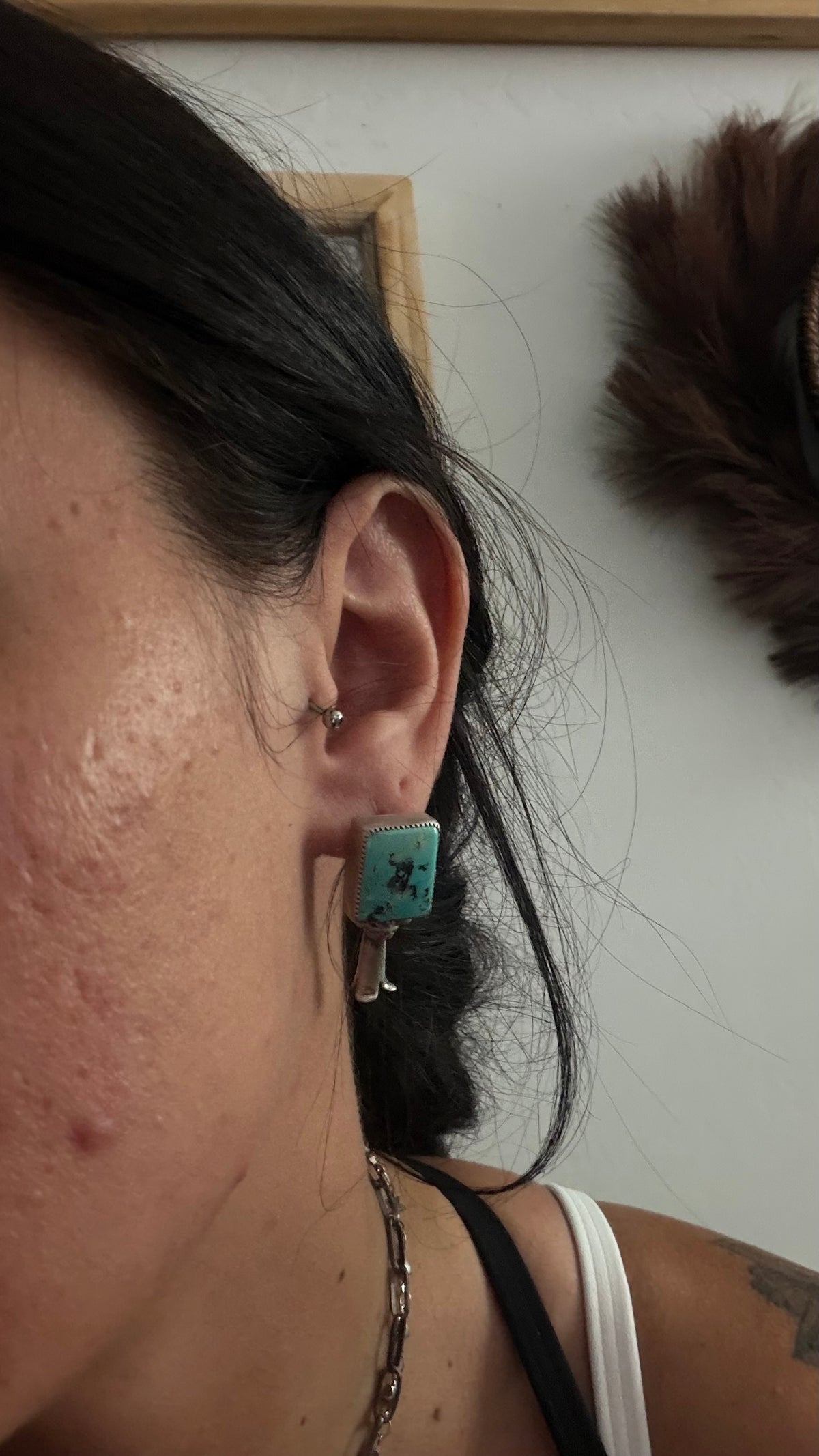 Virginia Sandoval Red Skin Turquoise & Sterling Silver Post Dangle Blossom Earrings