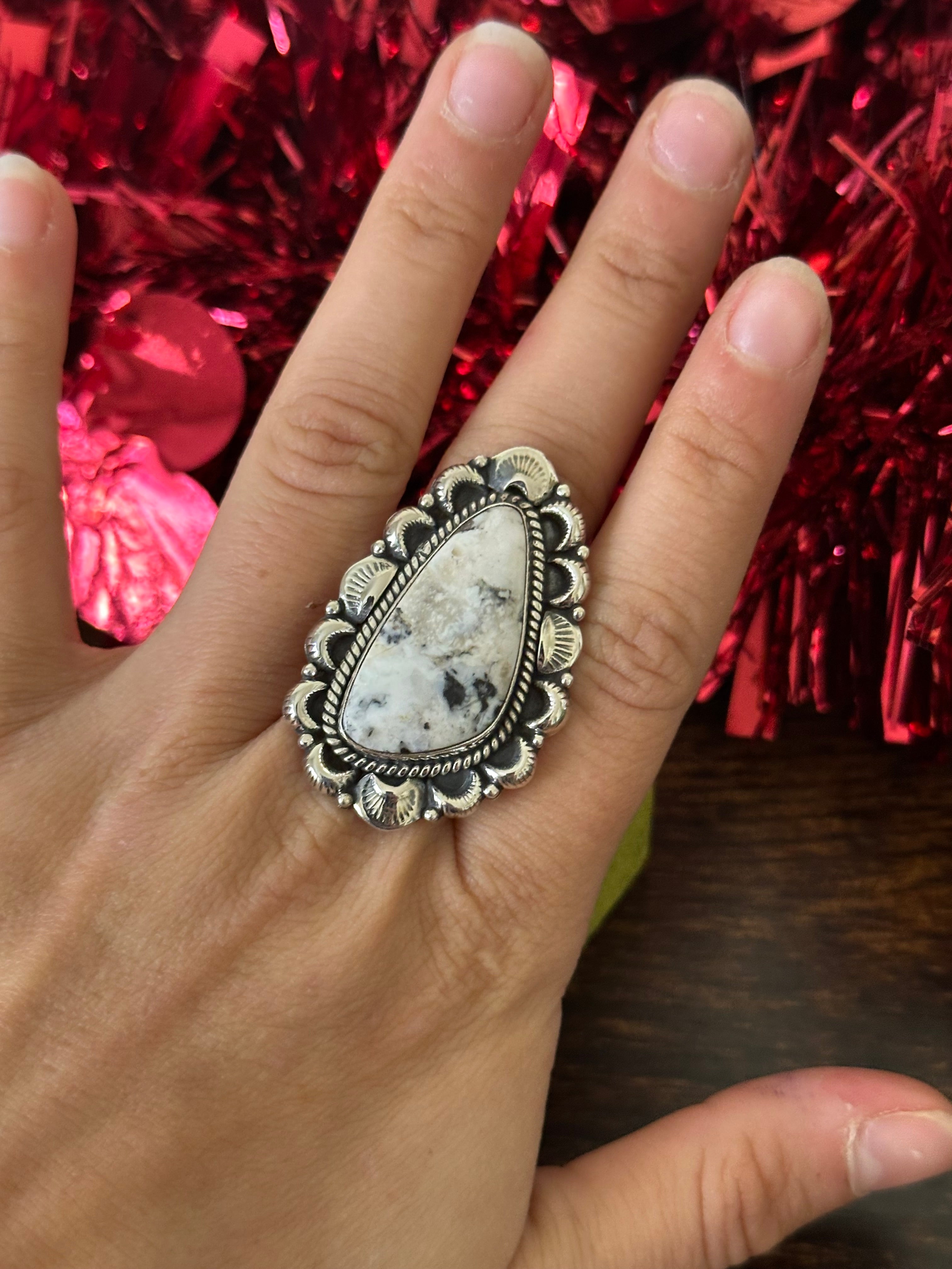 Southwest Handmade White Buffalo & Sterling Silver Adjustable Ring