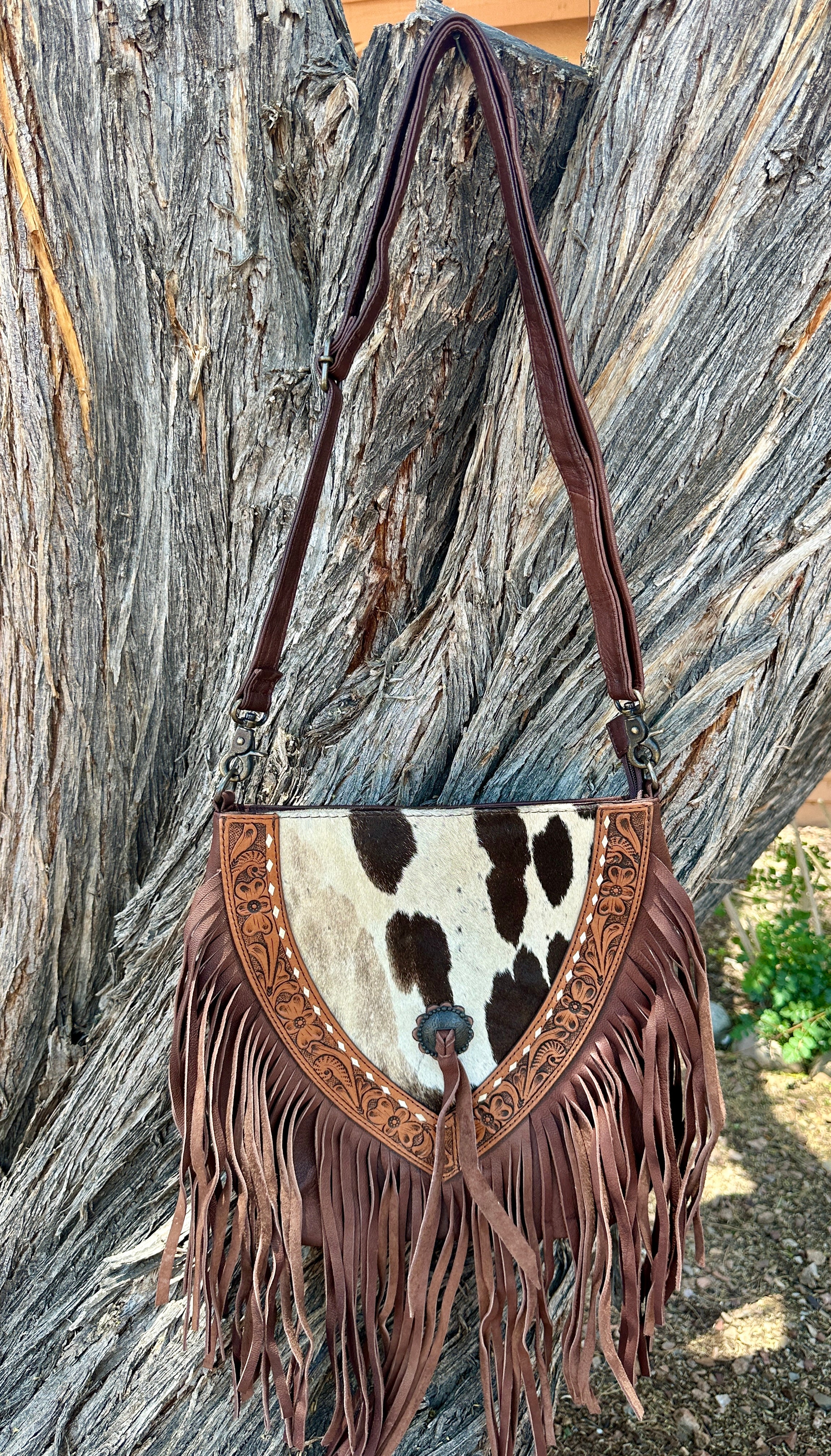 Genuine Tooled Leather & Cowhide Fringe Purse