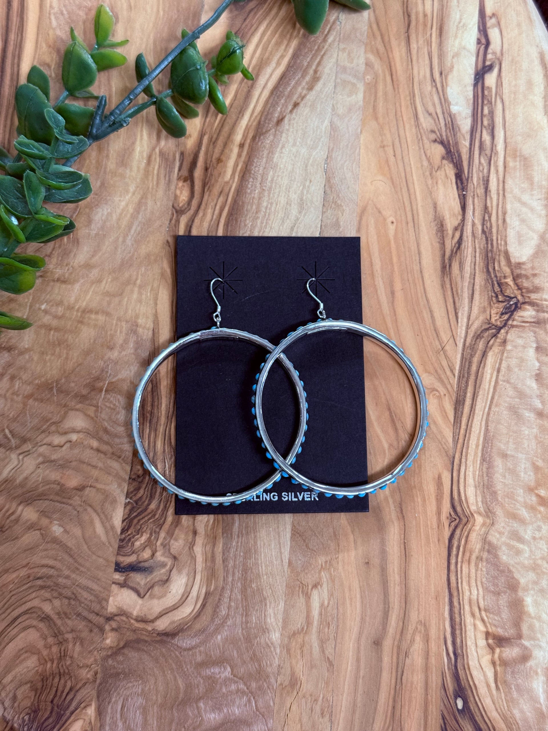 Southwest Handmade Kingman Turquoise & Sterling Silver Dangle Hoop Earrings