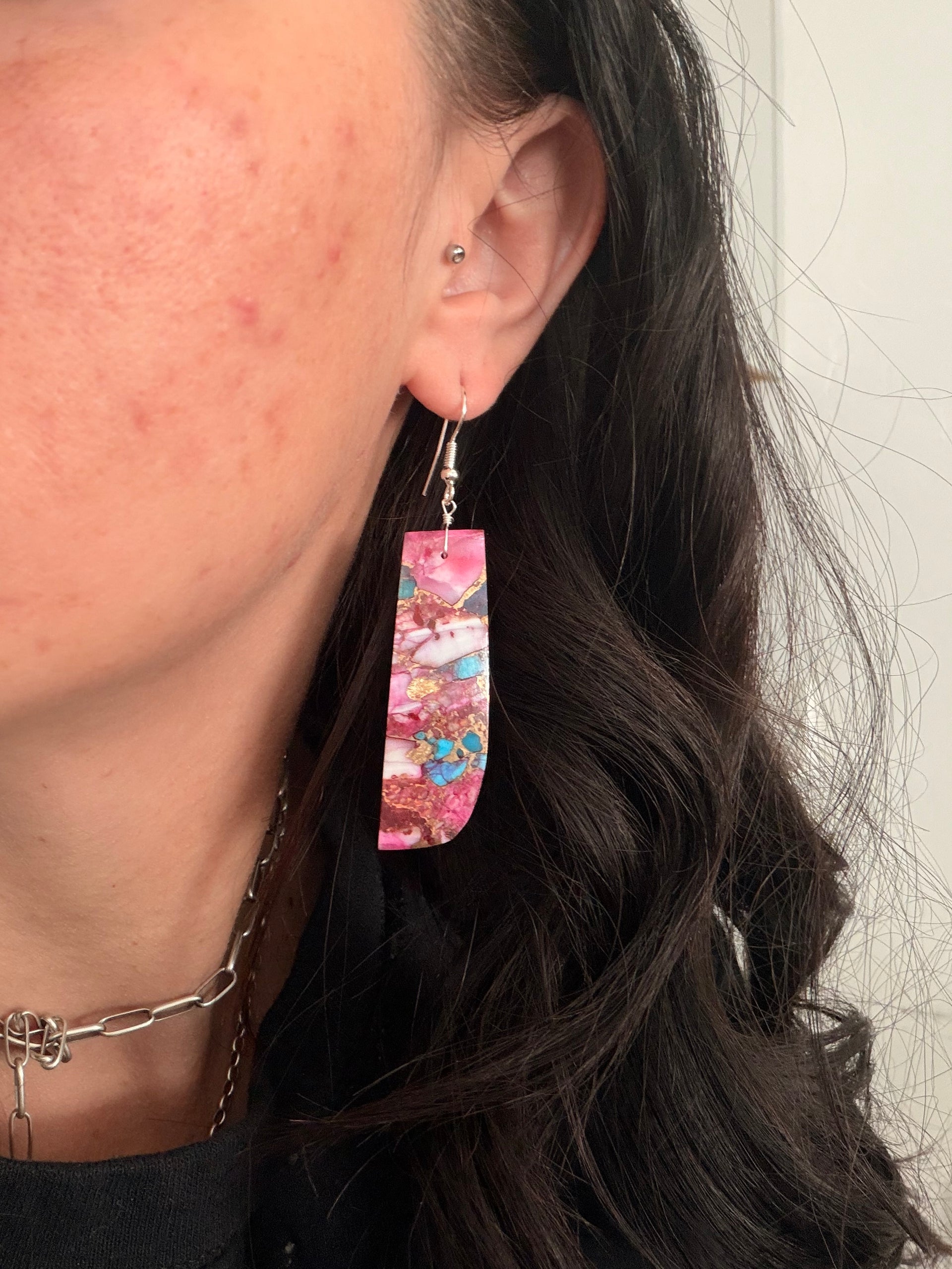 Navajo Made Purple/Pink Mohave Turquoise & Sterling Silver Slab Dangle Earrings