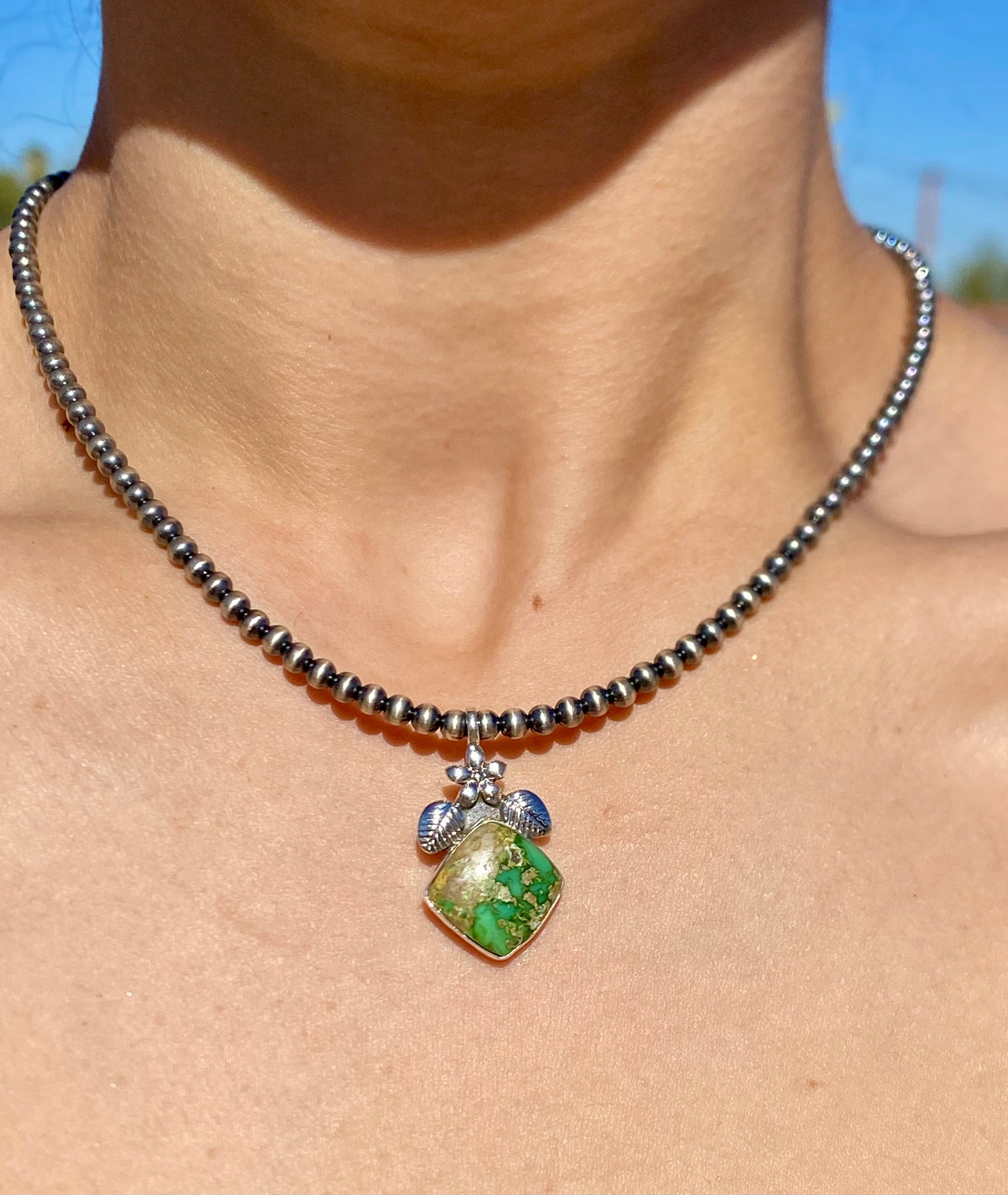 Southwest Handmade Sonoran Gold Turquoise & Sterling Silver 4mm Pearl Necklace Adjustable length Diamond Shape