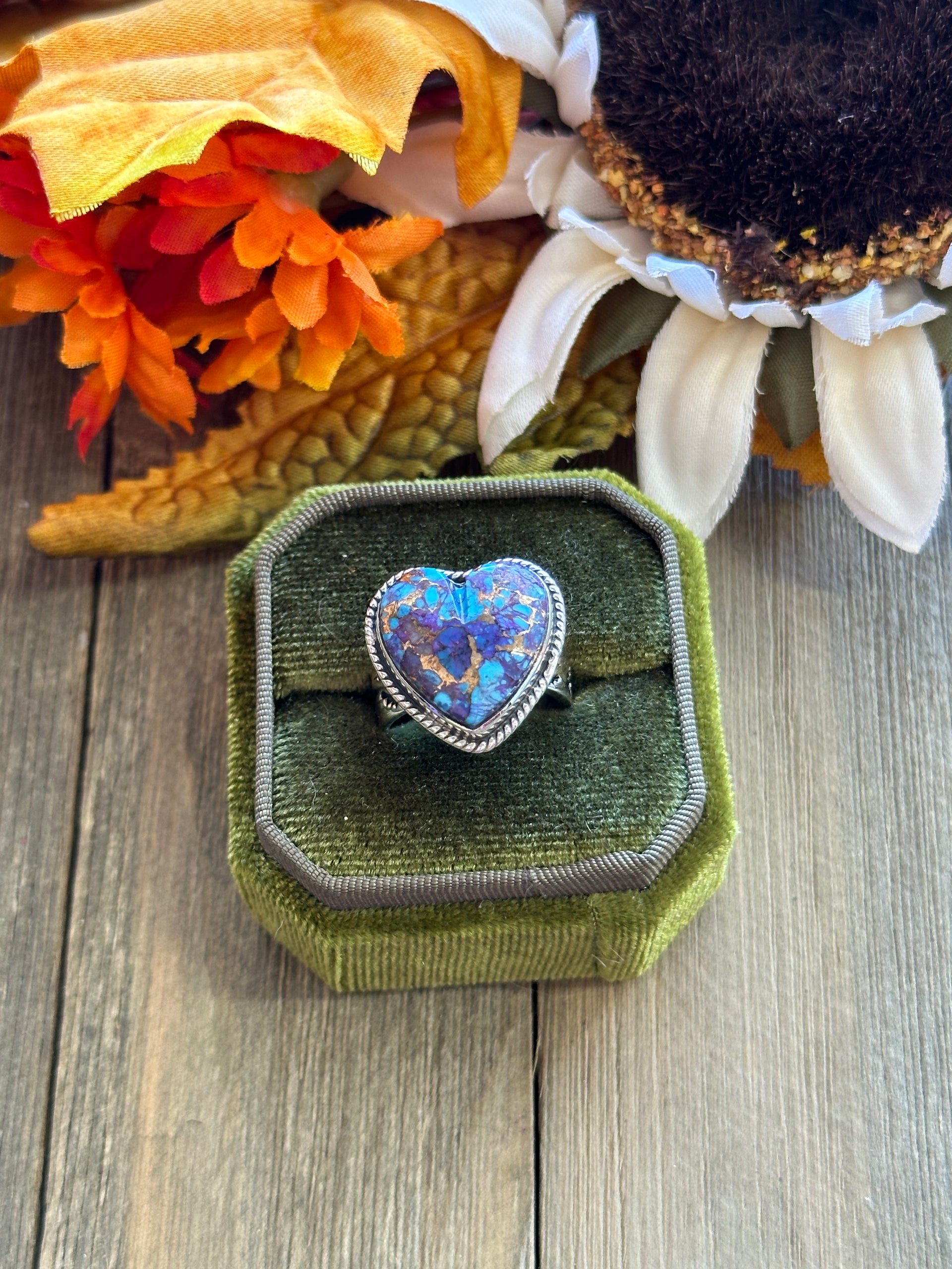 Southwest Handmade Mohave Turquoise & Sterling Silver Adjustable Heart Ring