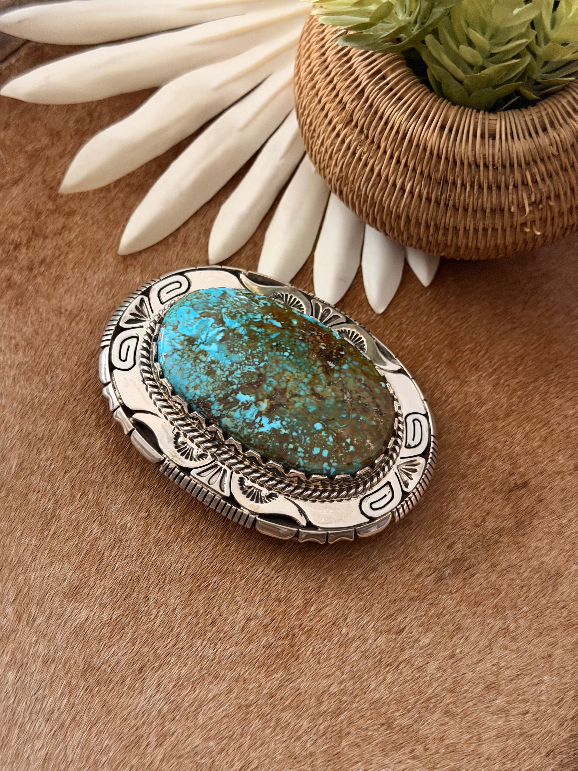 Charles Johnson High Grade Kingman & Sterling Silver Belt Buckle