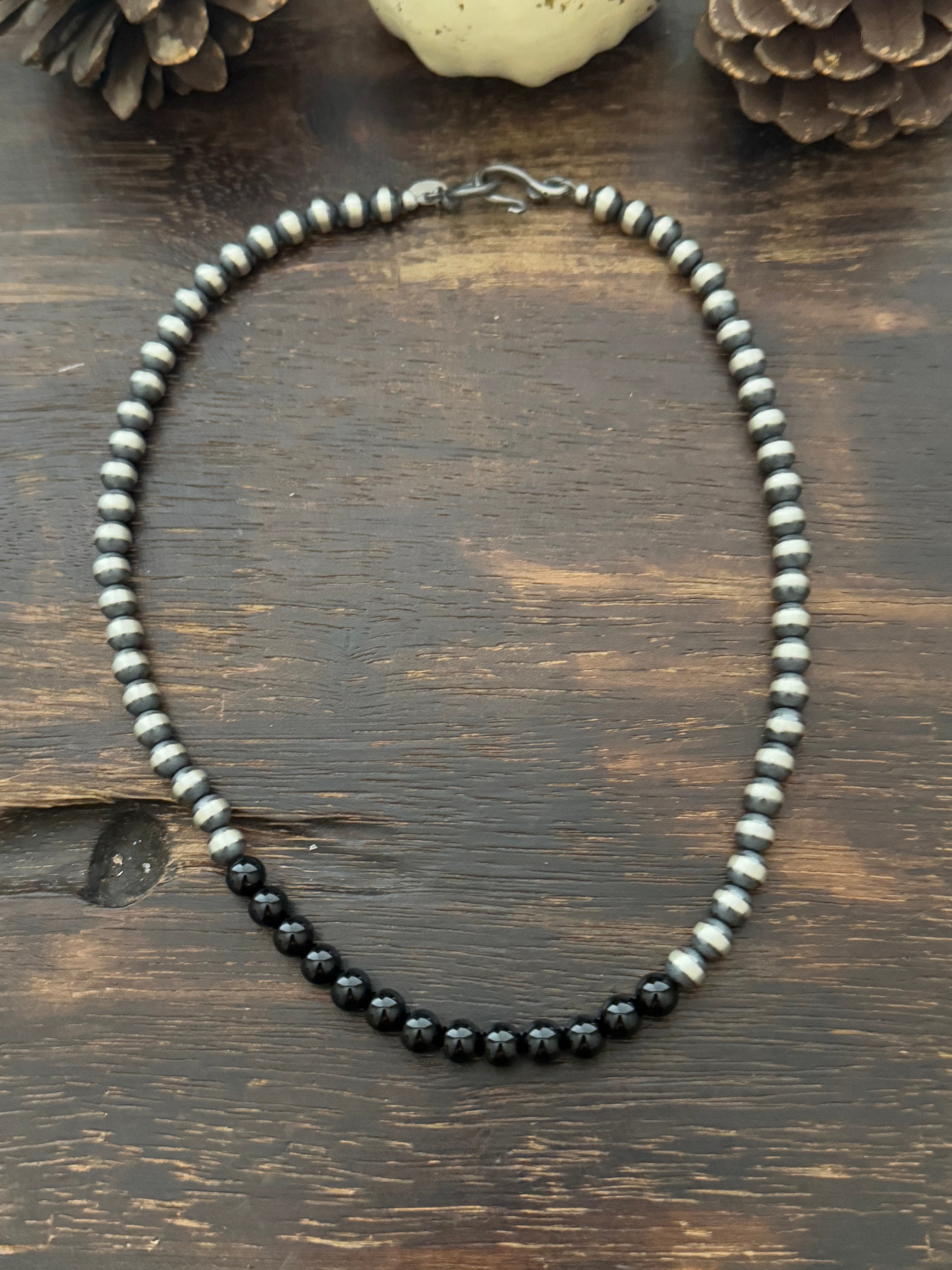 Navajo Strung Onyx & Sterling Silver Pearls Beaded Necklace