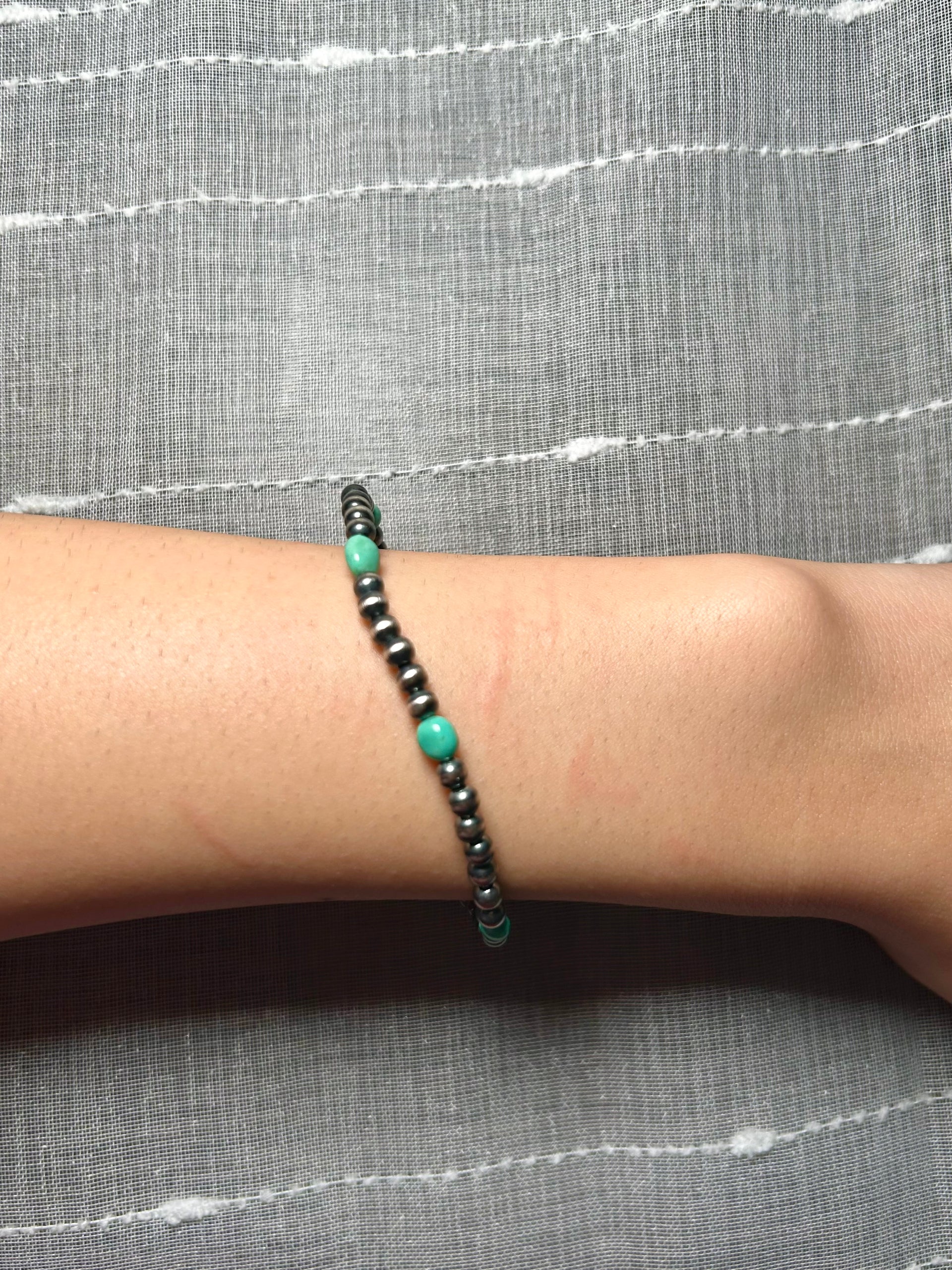 Navajo Made Kingman Turquoise & Sterling Silver Strung Stretchy Bracelet