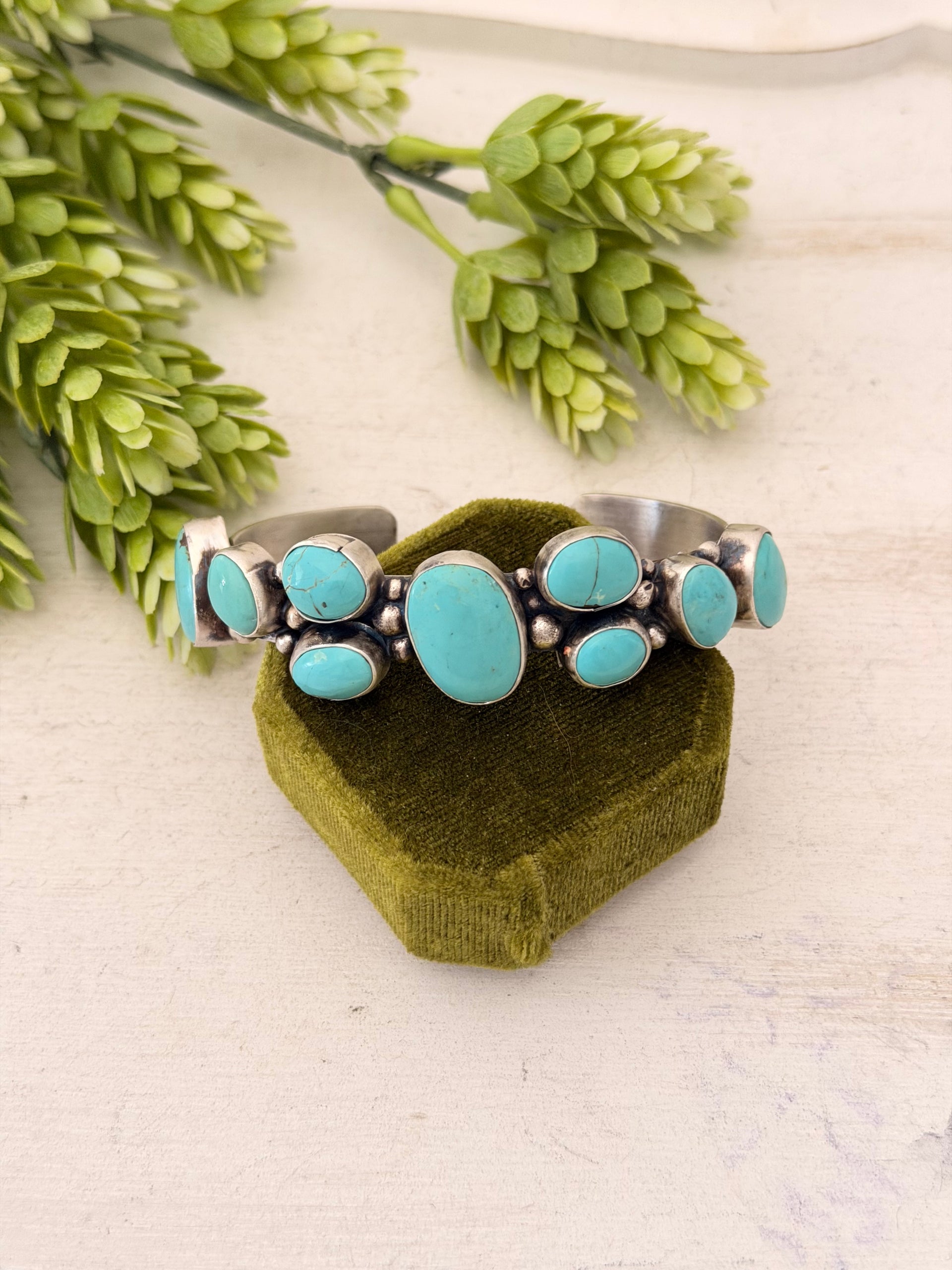 Bobby Johnson Kingman Turquoise & Sterling Silver Cluster Cuff Bracelet