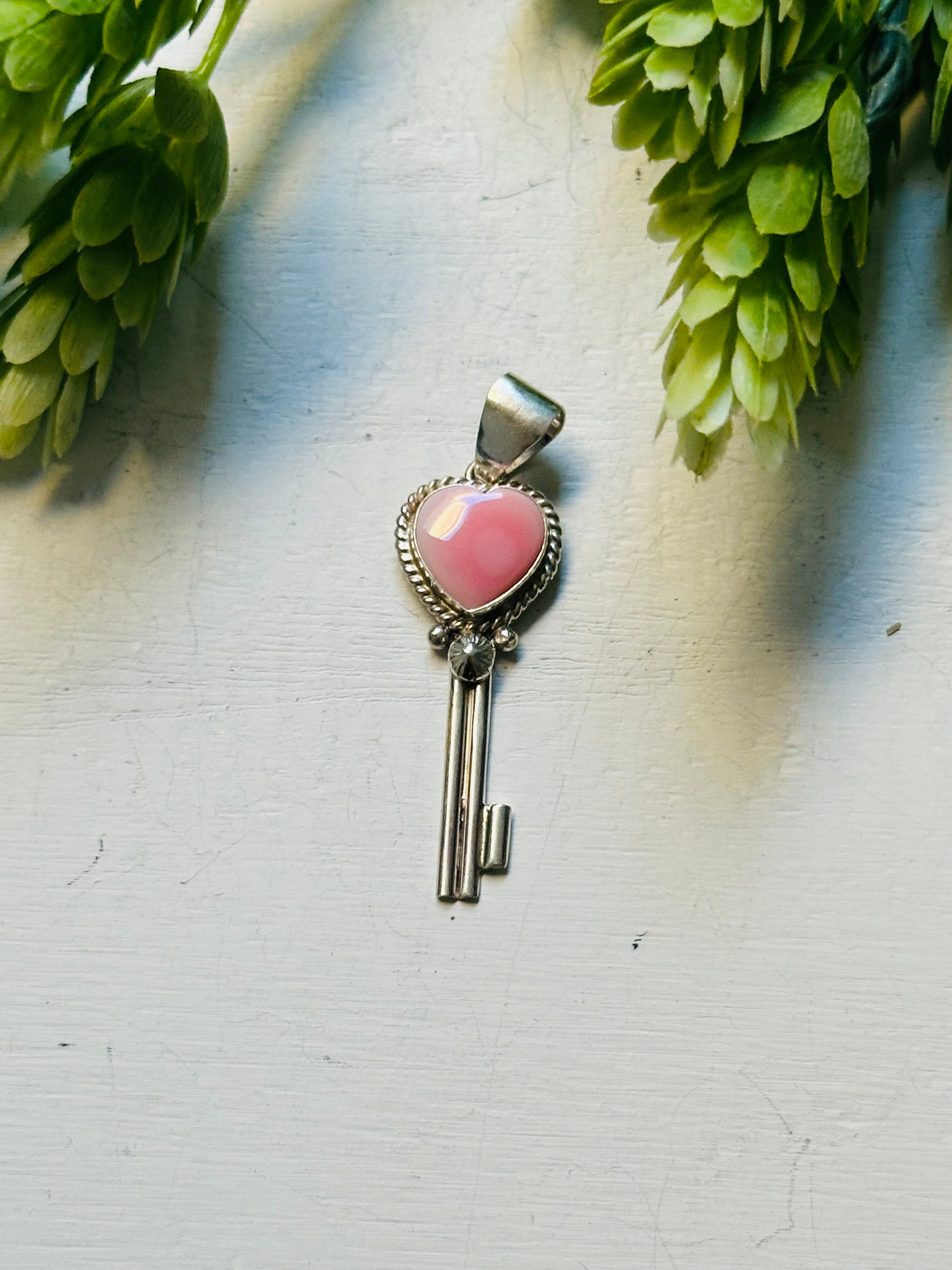 Navajo Made Pink Conch & Sterling Silver Key Heart Pendant