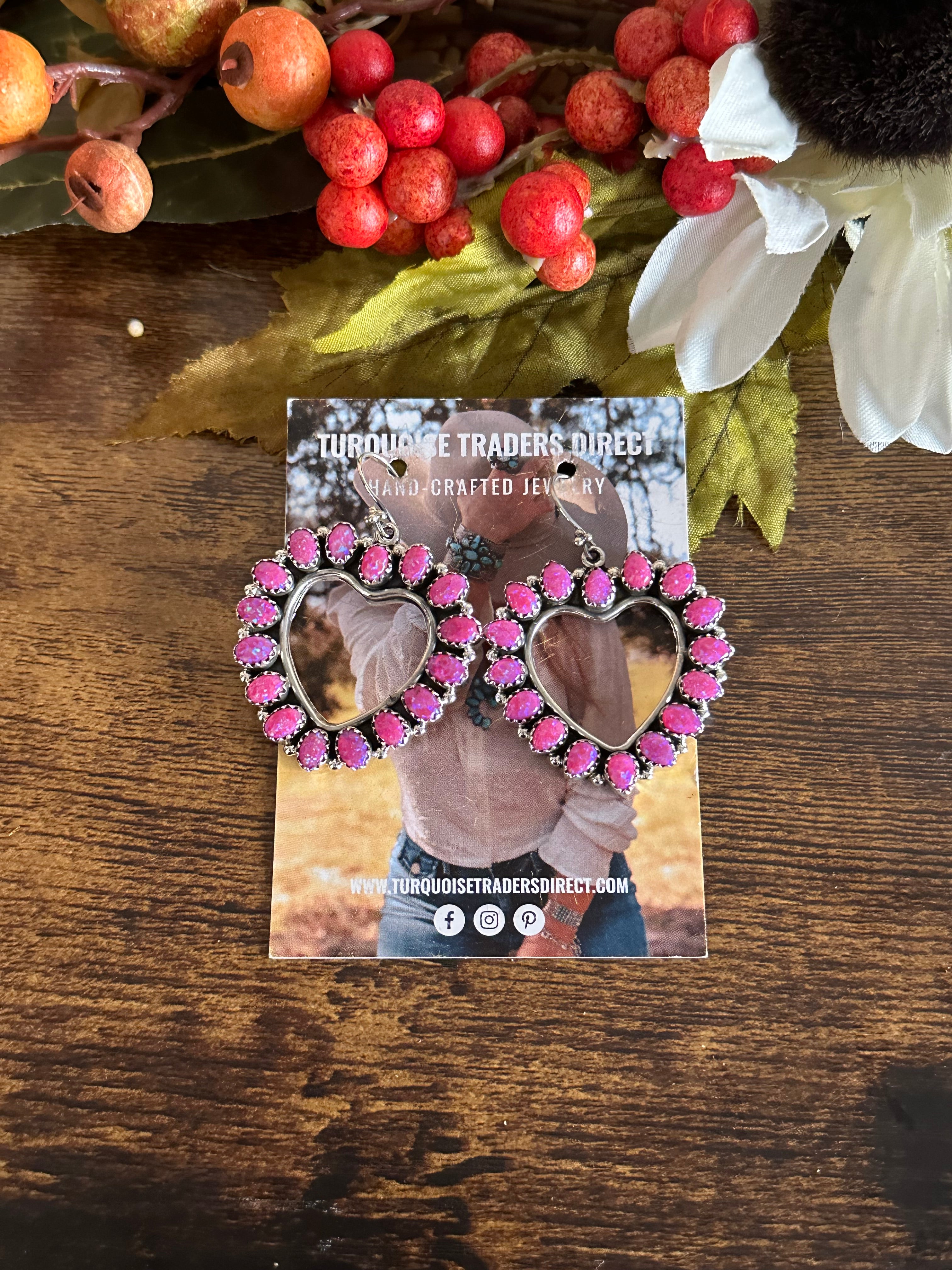 Southwest Pink Opal & Sterling Silver Dangle Cluster Heart Earrings