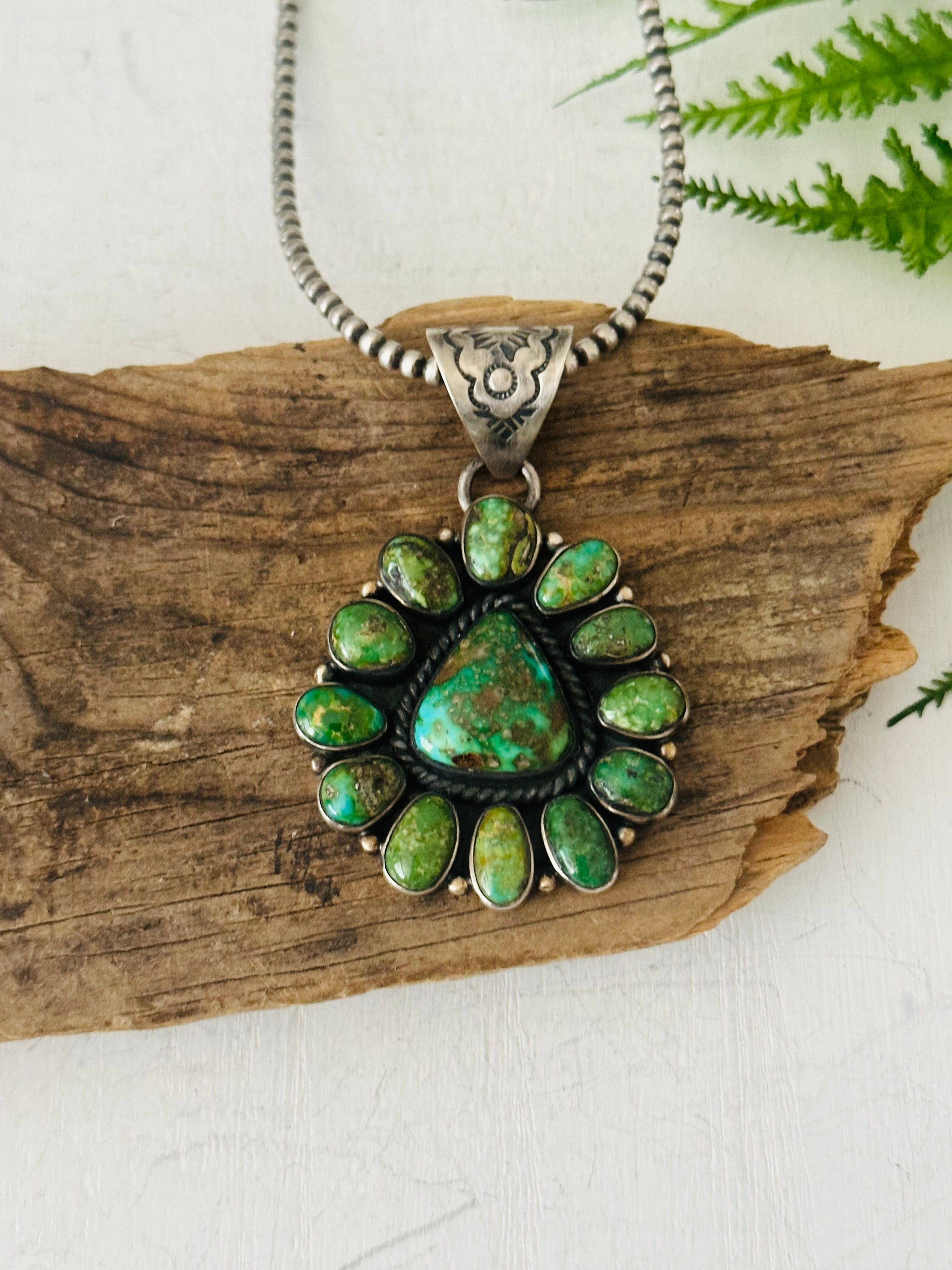 Navajo Made Sonoran Gold Turquoise & Sterling Silver Cluster Pendant