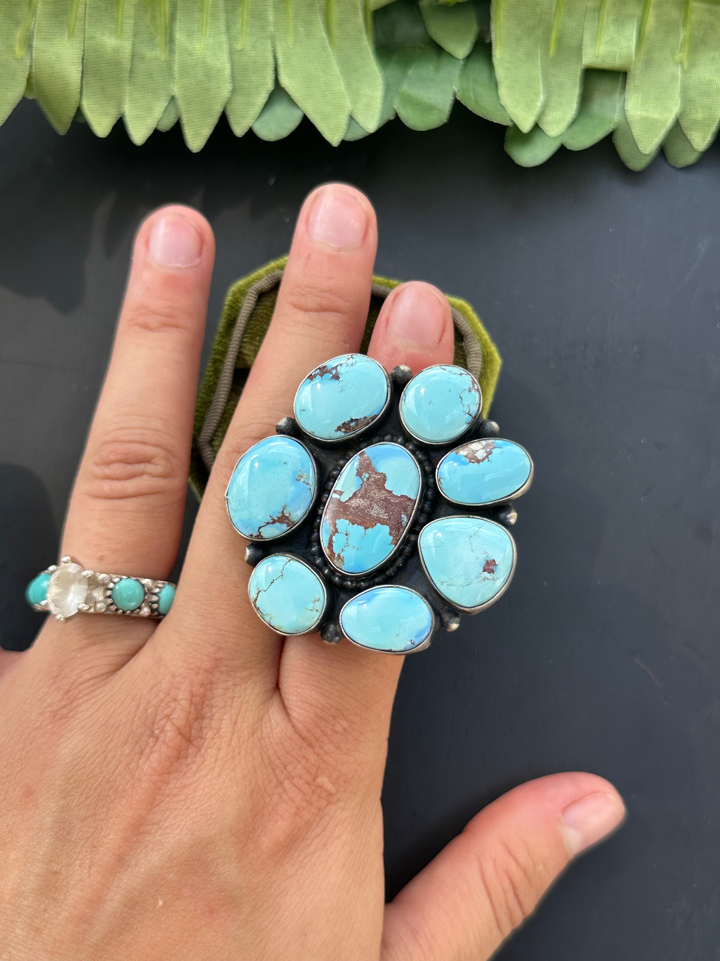 Navajo Made Golden Hills Turquoise & Sterling Silver Cluster Ring Size 7