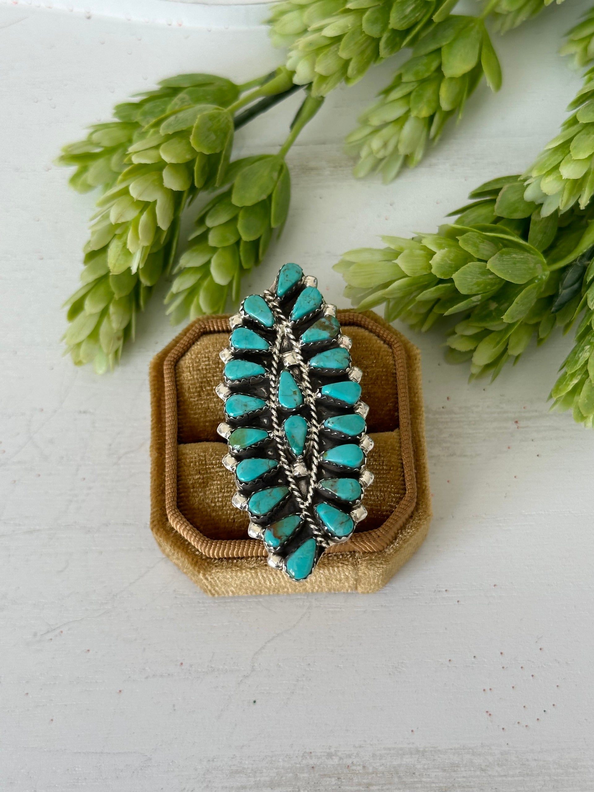 Navajo Made Kingman Turquoise & Sterling Silver Cluster Ring Size 9.5