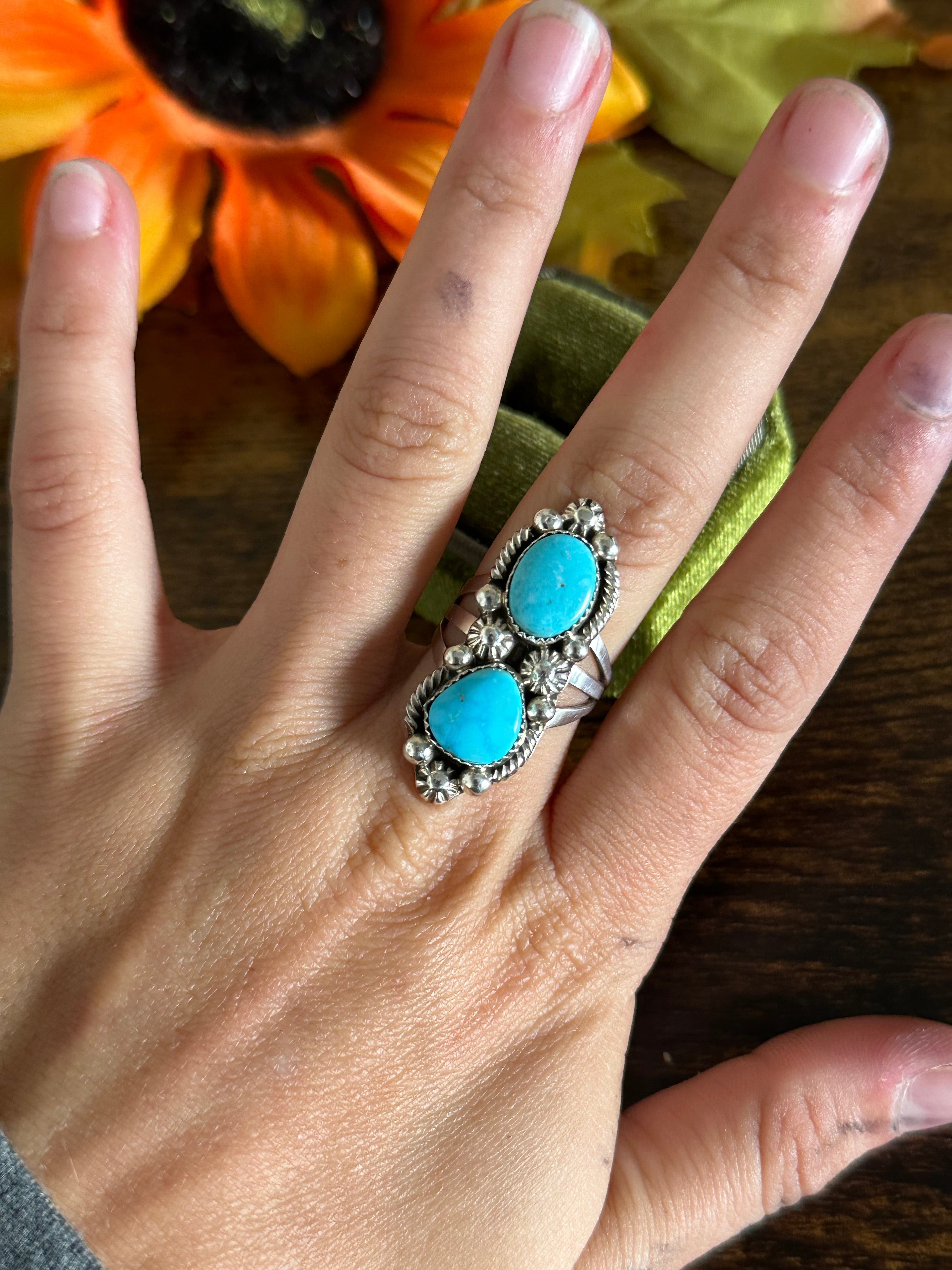 Navajo Made Kingman Turquoise & Sterling Silver Ring Size 6.5