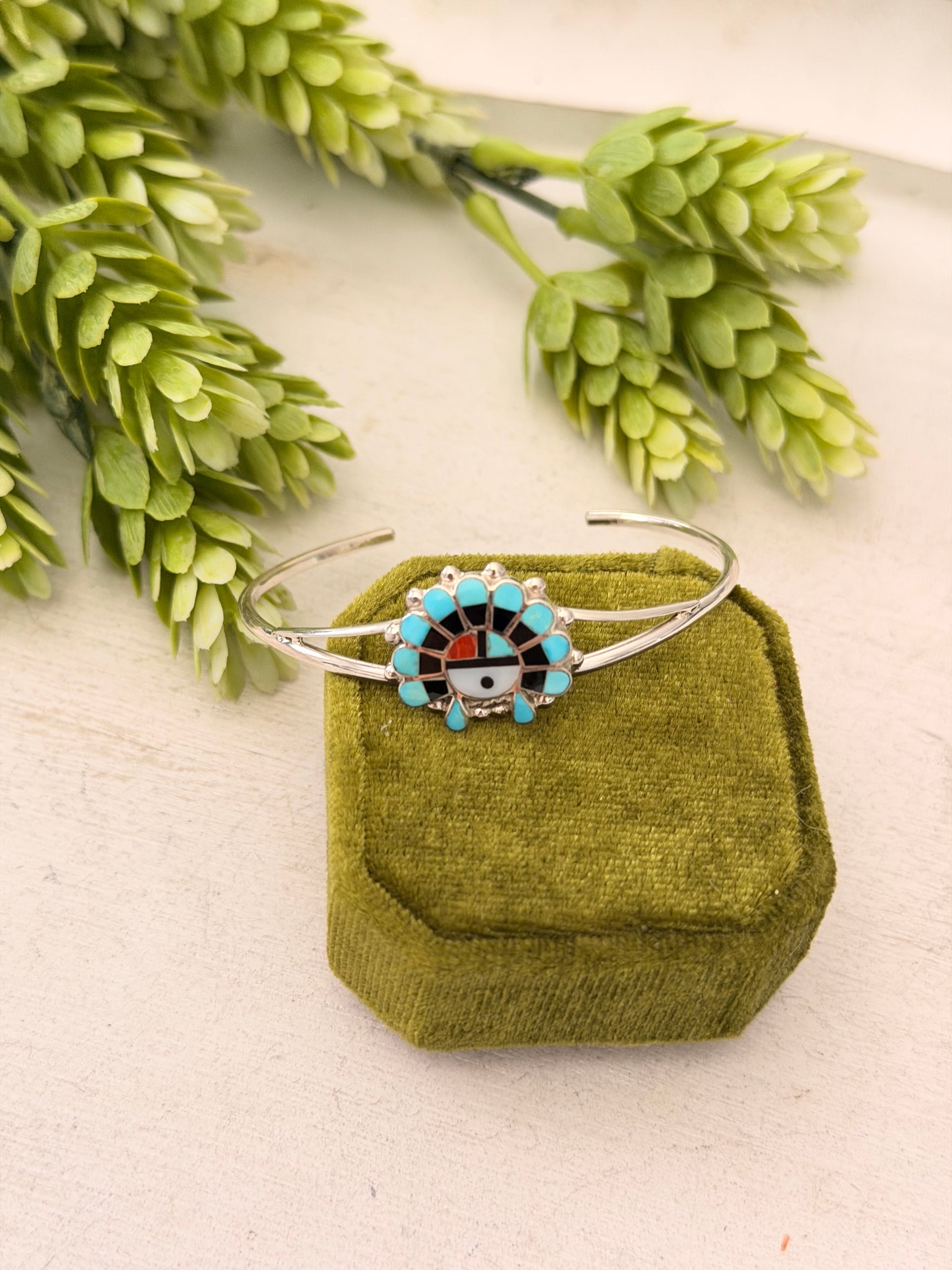 Zuni Made Multi Stone & Sterling Silver Inlay Sunface Cuff Bracelet