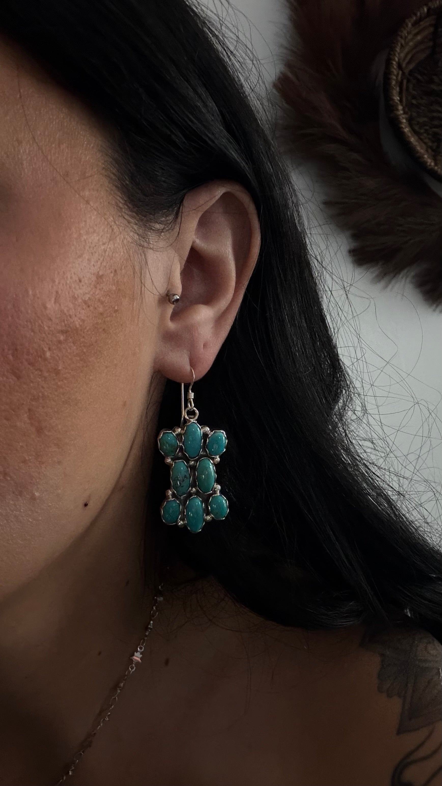 Julia Etsitty Kingman Turquoise & Sterling Silver Dangle Cluster Earrings