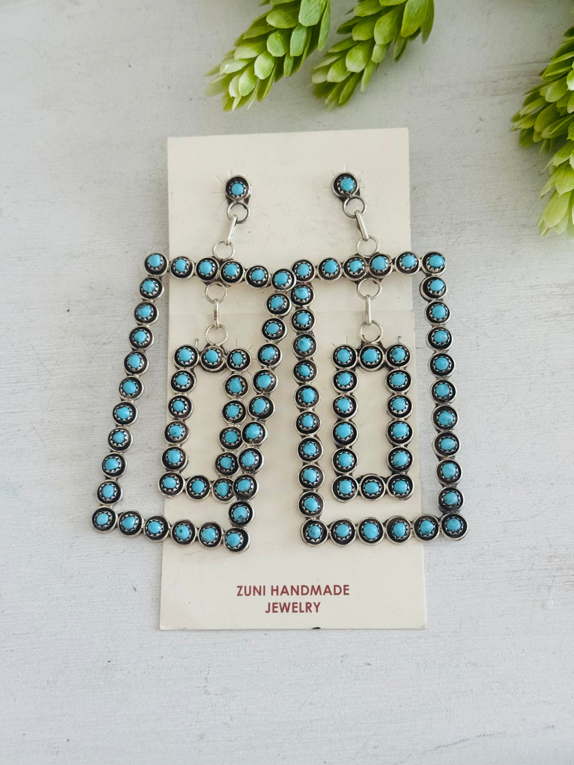 Zuni Made Kingman Turquoise & Sterling Silver Post Dangle Earrings