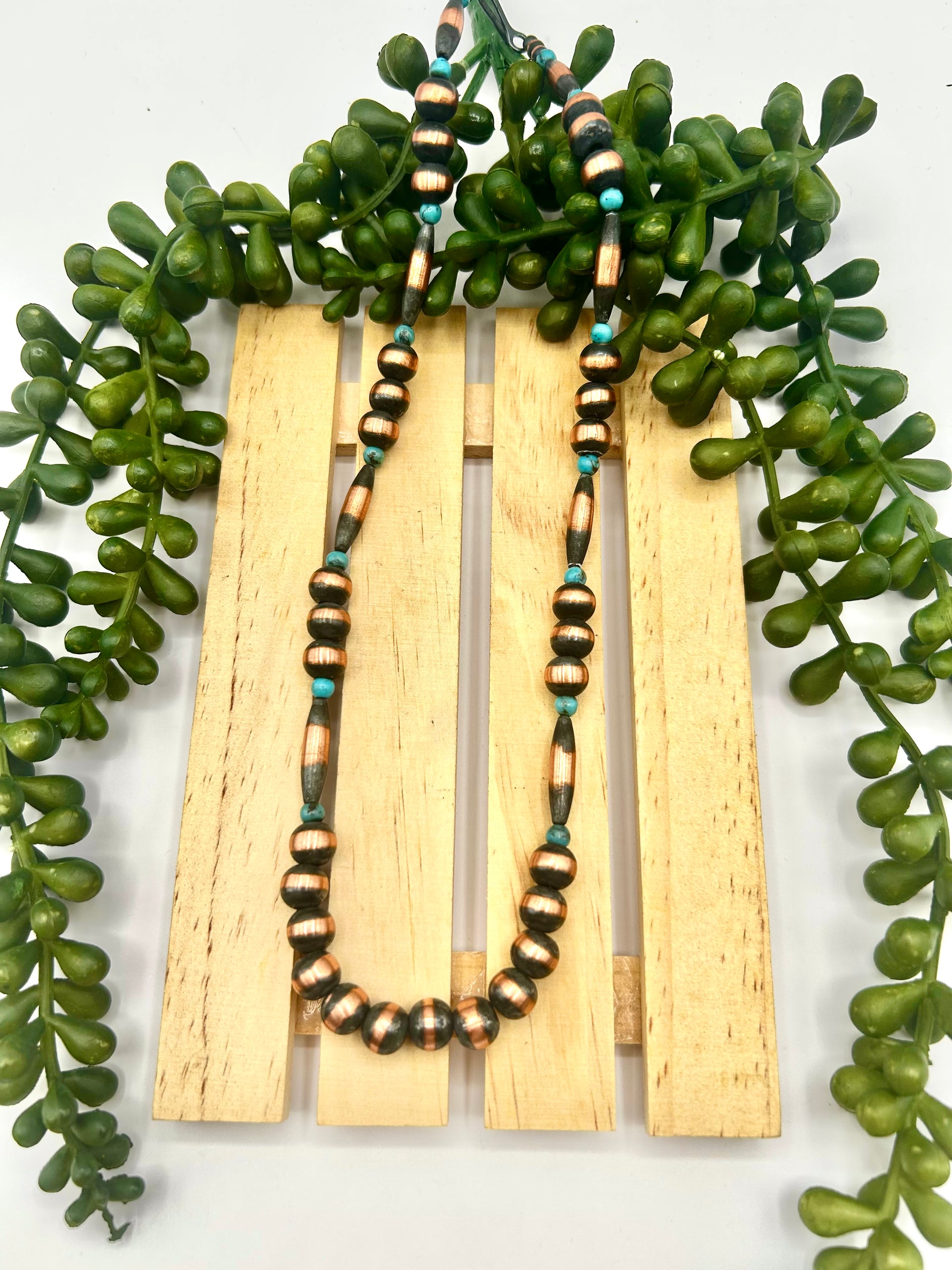 Navajo Made Strung Kingman Turquoise & Copper Necklace
