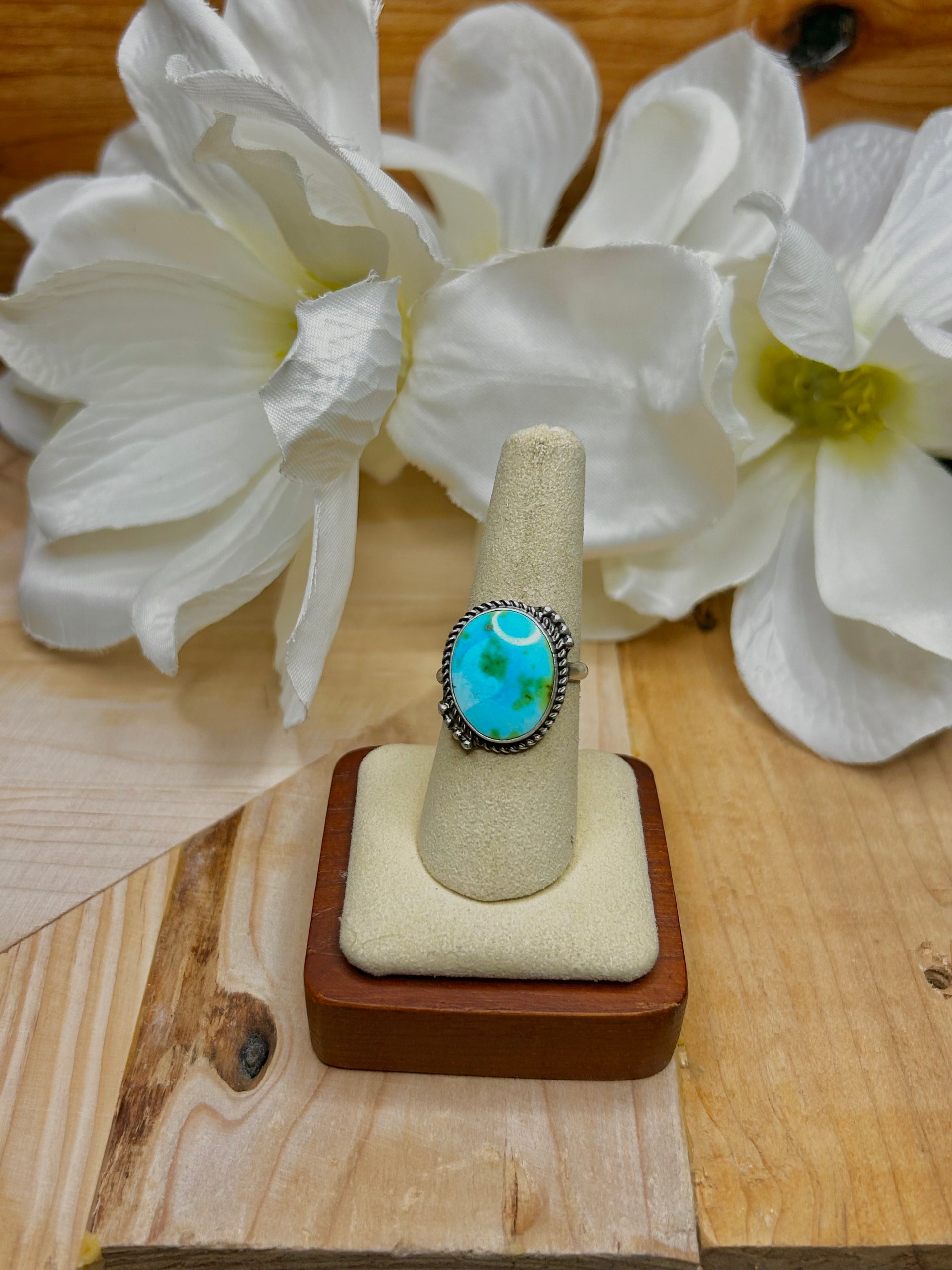 Navajo Made Sonoran Mountain Turquoise & Sterling Silver Cluster Ring Size 8