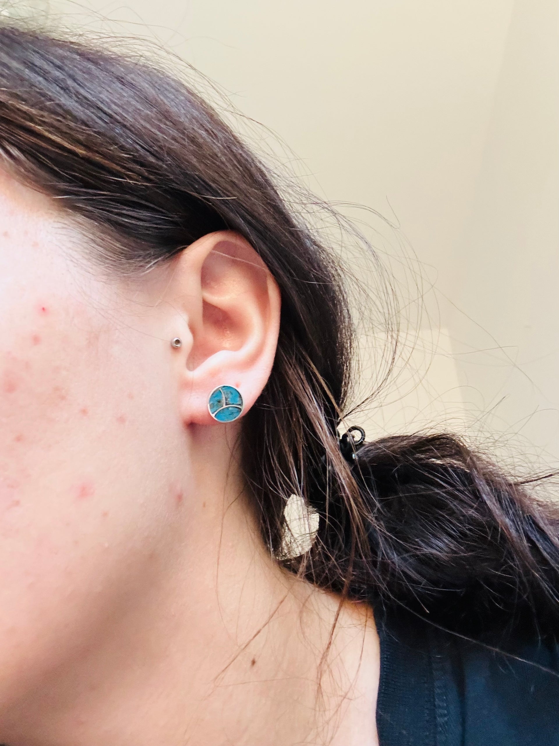 Navajo Made Kingman Turquoise & Sterling Silver Post Inlay Earrings