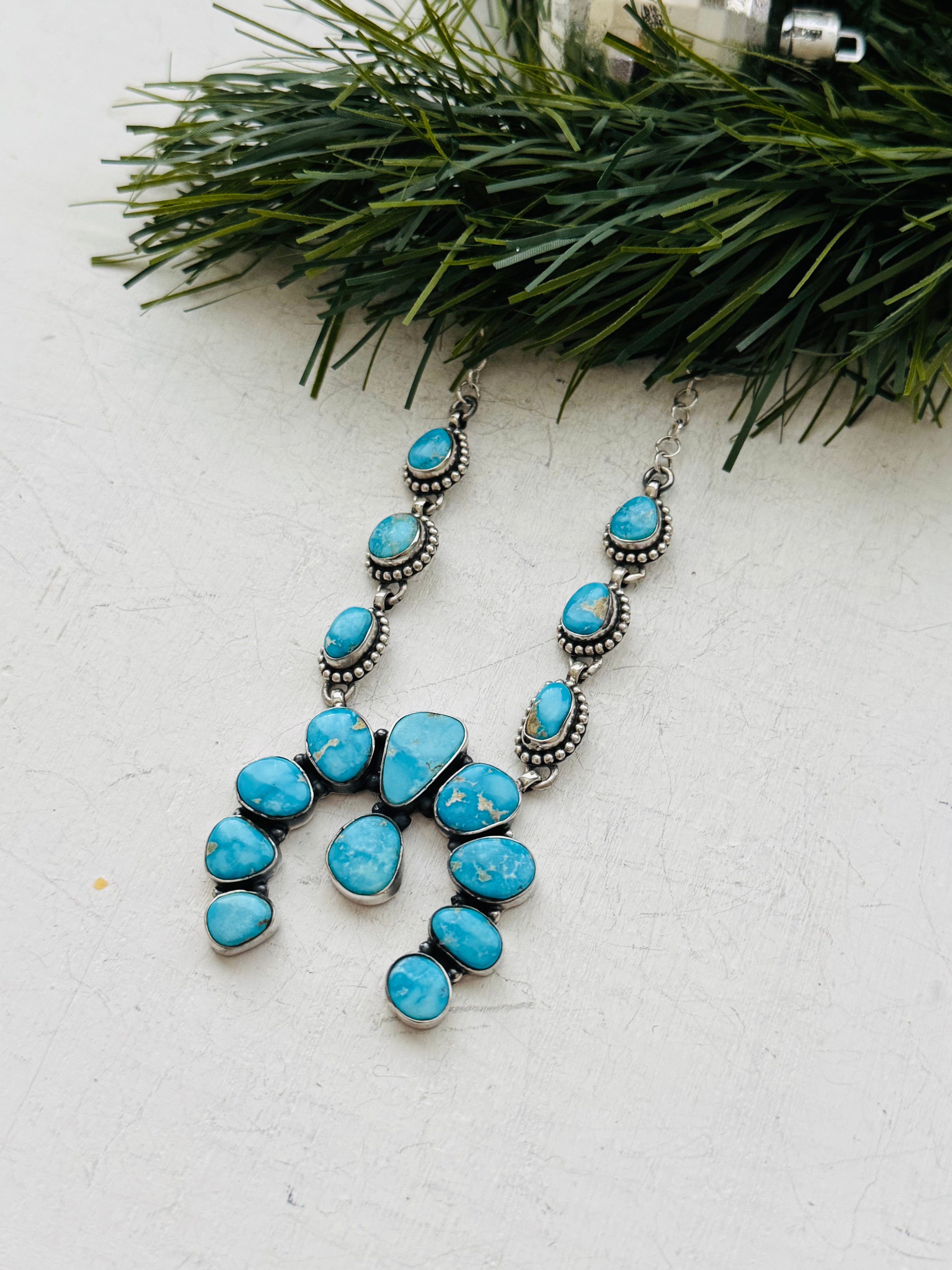 TTD Valley Blue Turquoise & Sterling Silver Squash Naja Necklace