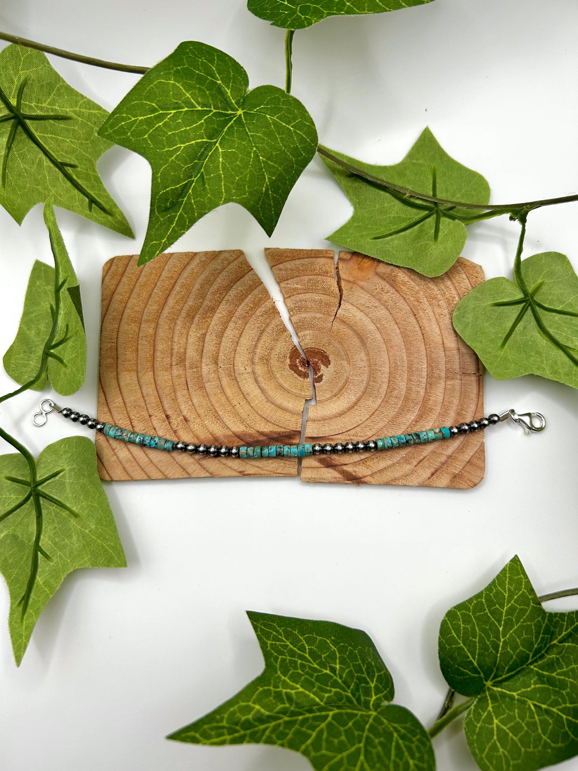 Navajo Made Strung Heshi Turquoise & Sterling Silver Link Bracelet